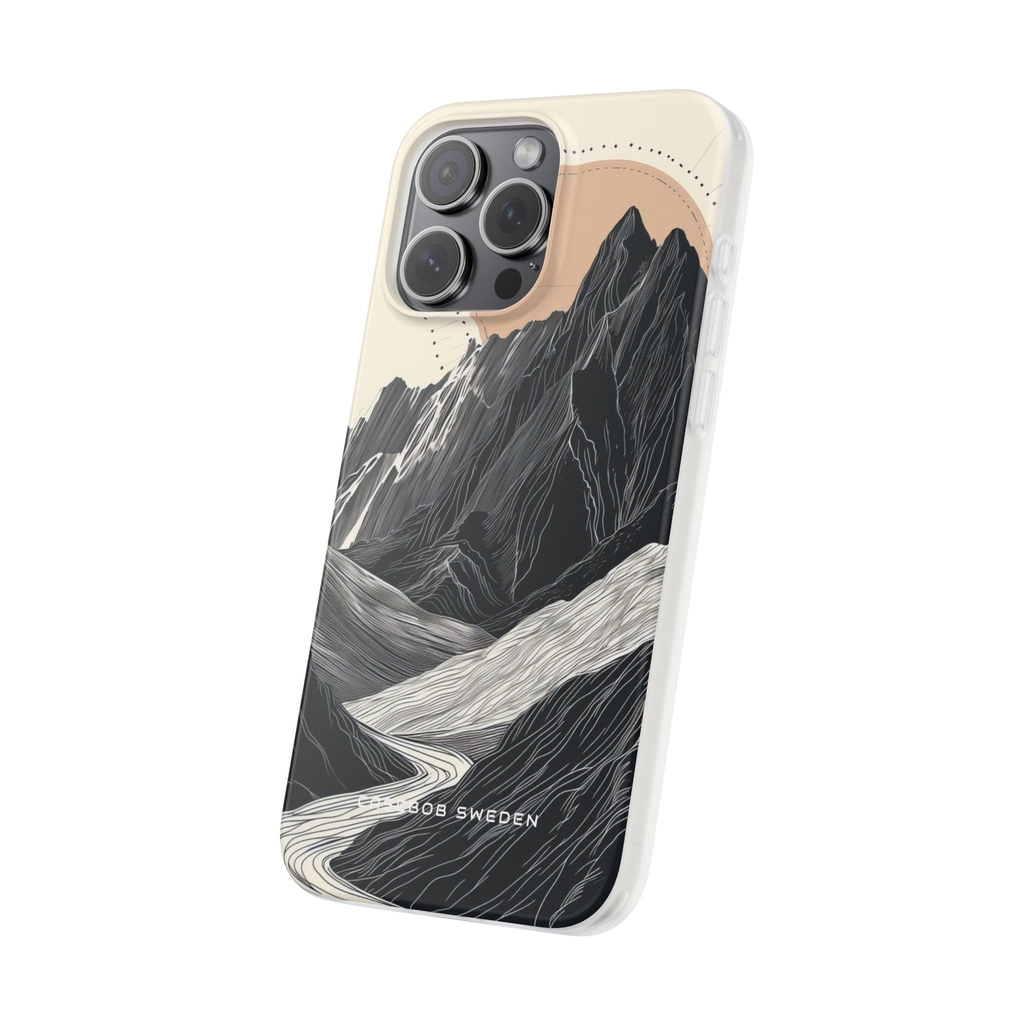 Minimalist Mountain Landscape with Flowing River iPhone 15 - Flexi Phone Case