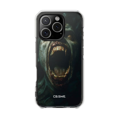 Ein Zombie mit scharfen Zähnen und offenem Mund, der Vampir zeigt. iPhone 16 – Impact Clear+