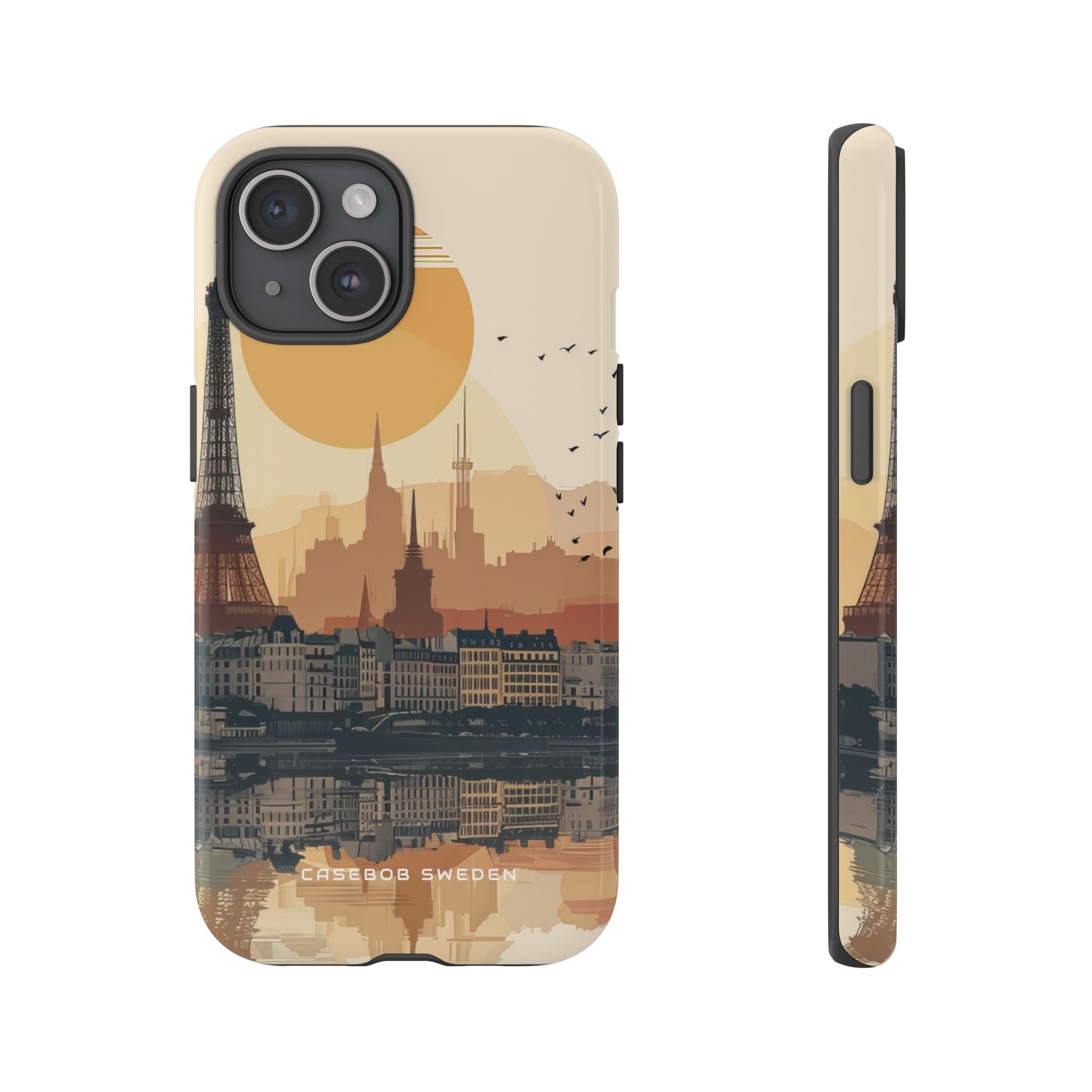 Eiffel Tower Silhouette with Birds and Sun Reflection iPhone 15 - Tough Phone Case