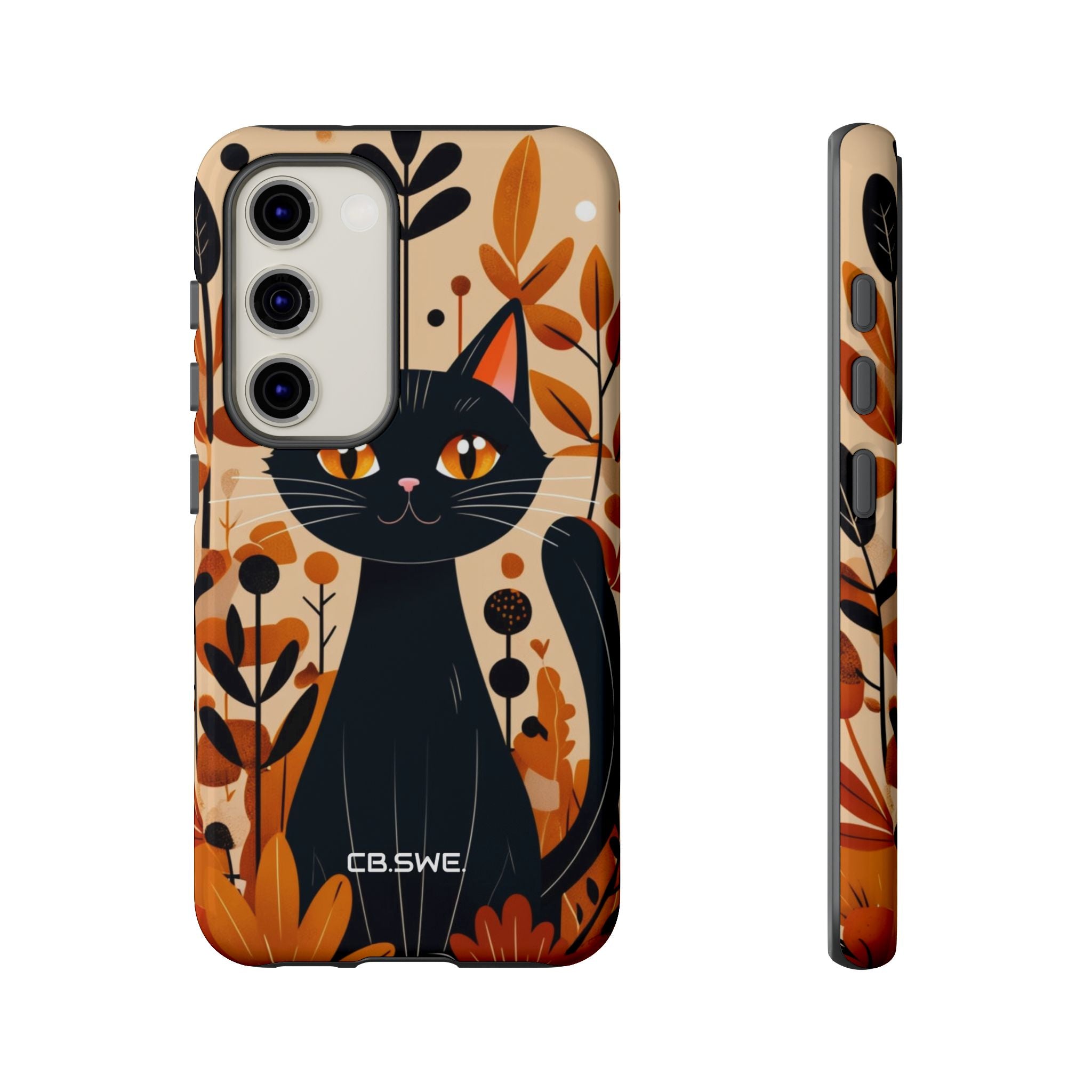 Whimsical Cartoon Black Cat Surrounded by Stylized Plants Mobile Wallpaper Samsung S23 - Tough
