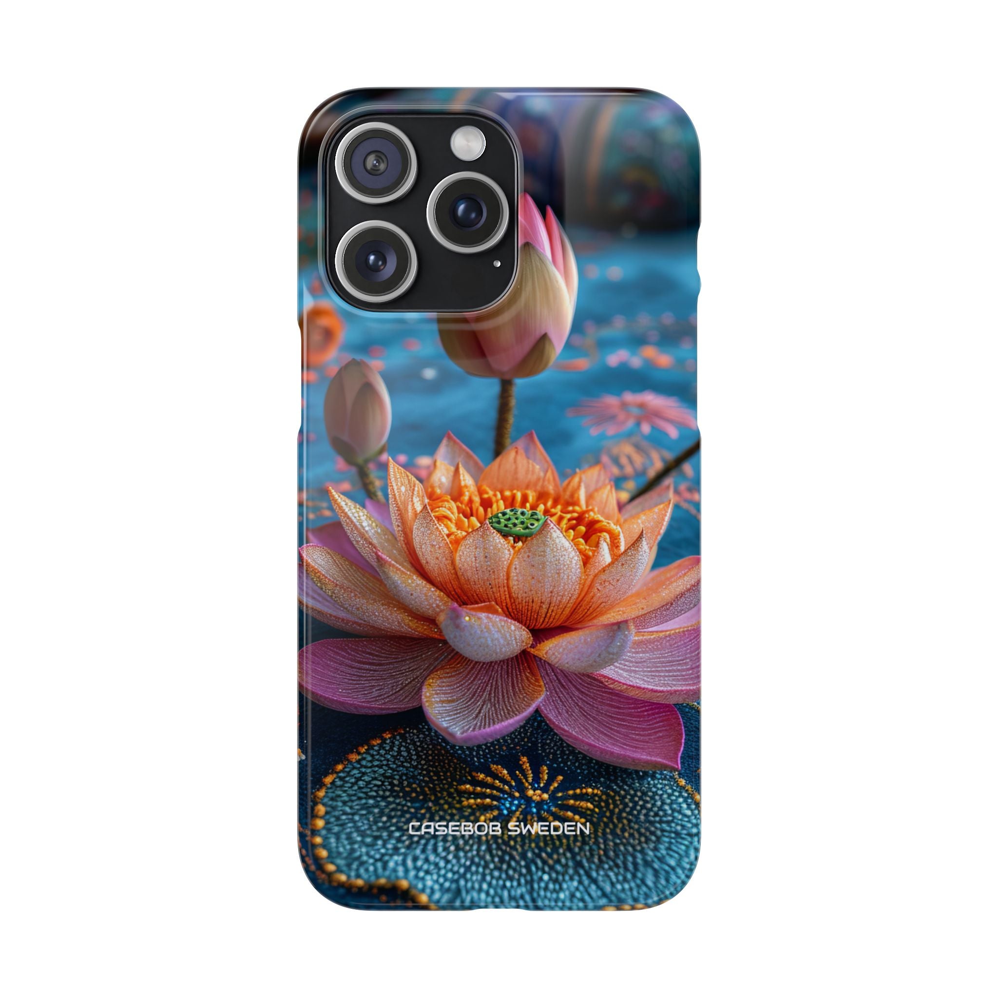 Vibrant Lotus Embroidery - Slim iPhone 15 Phone Case