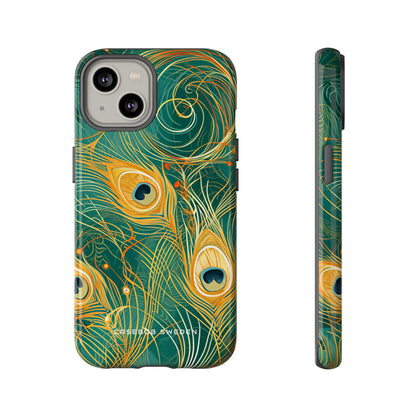 Peacock Elegance in Teal and Gold iPhone 14 - Tough Phone Case