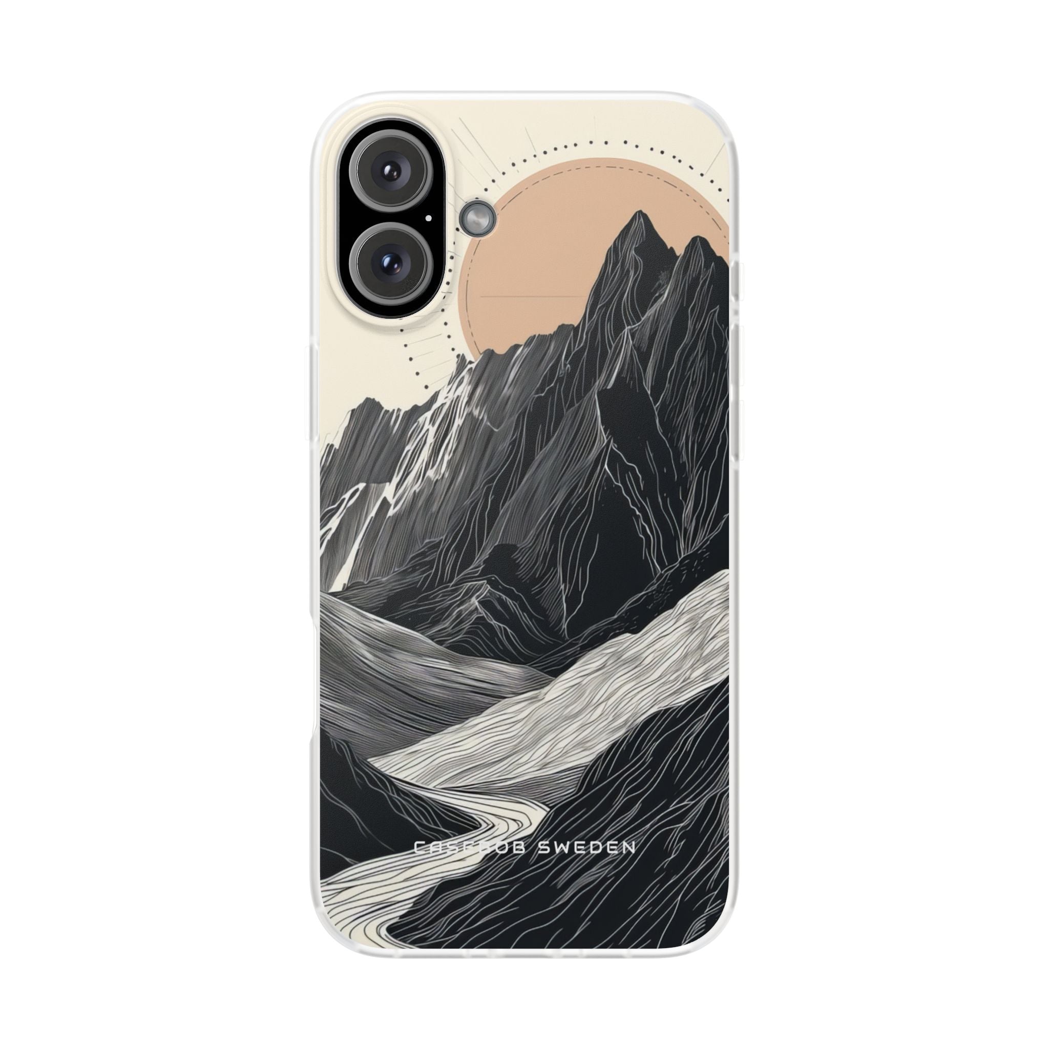 Minimalist Mountain Landscape with Flowing River iPhone 16 - Flexi Phone Case