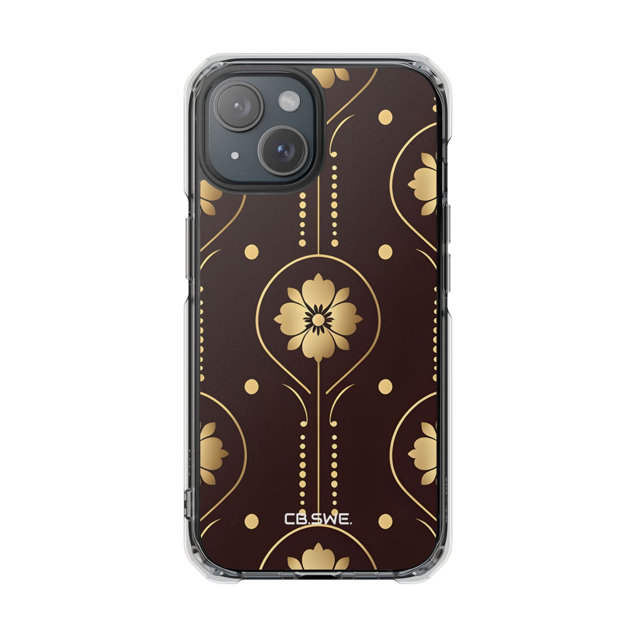 Elegant Gold Floral Symmetrical on Dark Brown iPhone 15 - Impact Clear+
