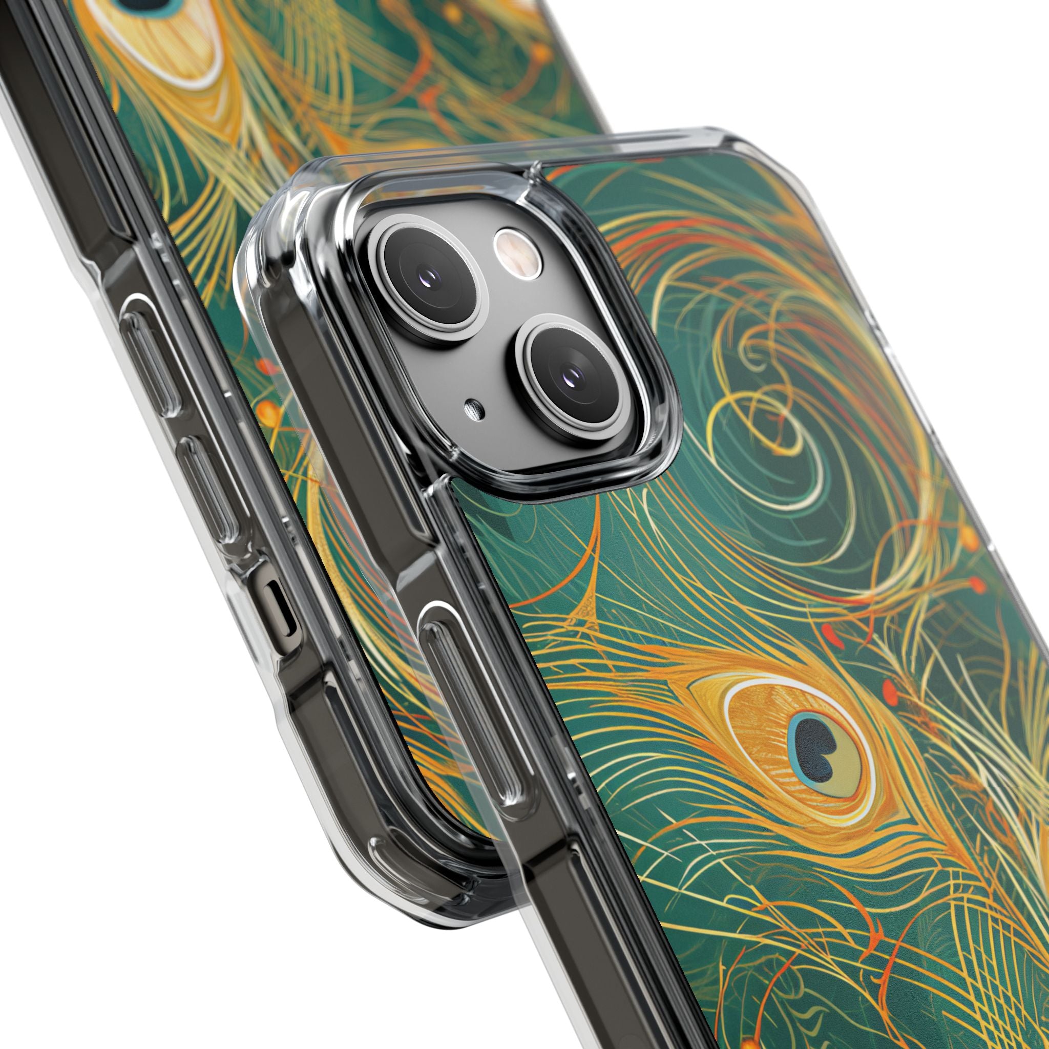 Peacock Elegance in Teal and Gold iPhone 14 - Clear Impact Phone Case