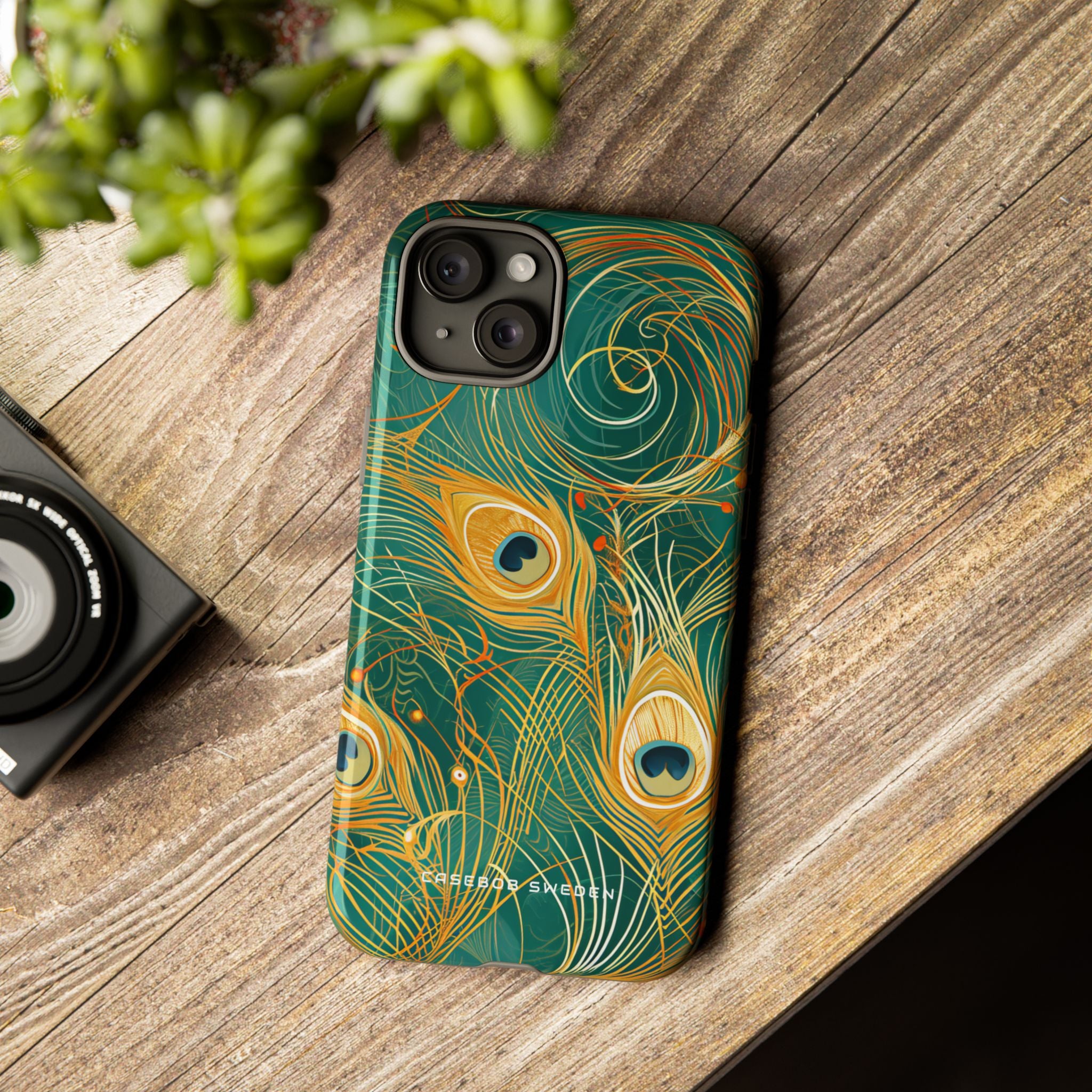 Peacock Elegance in Teal and Gold iPhone 15 - Tough Phone Case