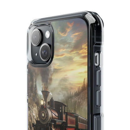 Vintage Steam Train Crossing Mountain Bridge iPhone 15 - Clear Impact Phone Case