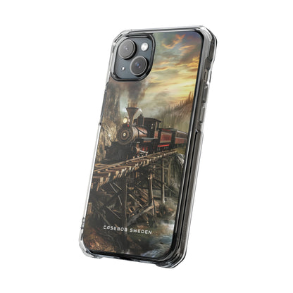 Vintage Steam Train Crossing Mountain Bridge iPhone 15 - Clear Impact Phone Case