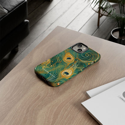 Peacock Elegance in Teal and Gold iPhone 14 - Tough Phone Case