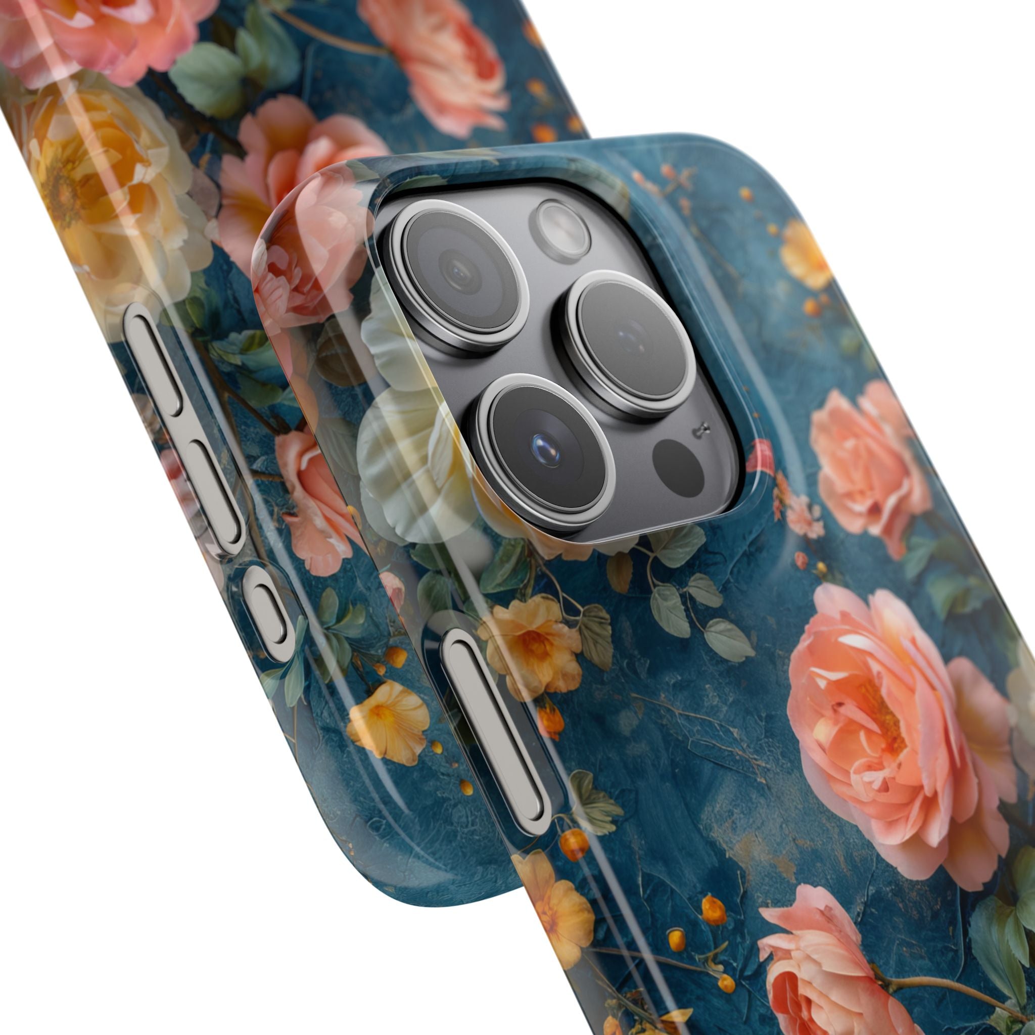 Blue Floral Elegance - Slim iPhone 15 Phone Case