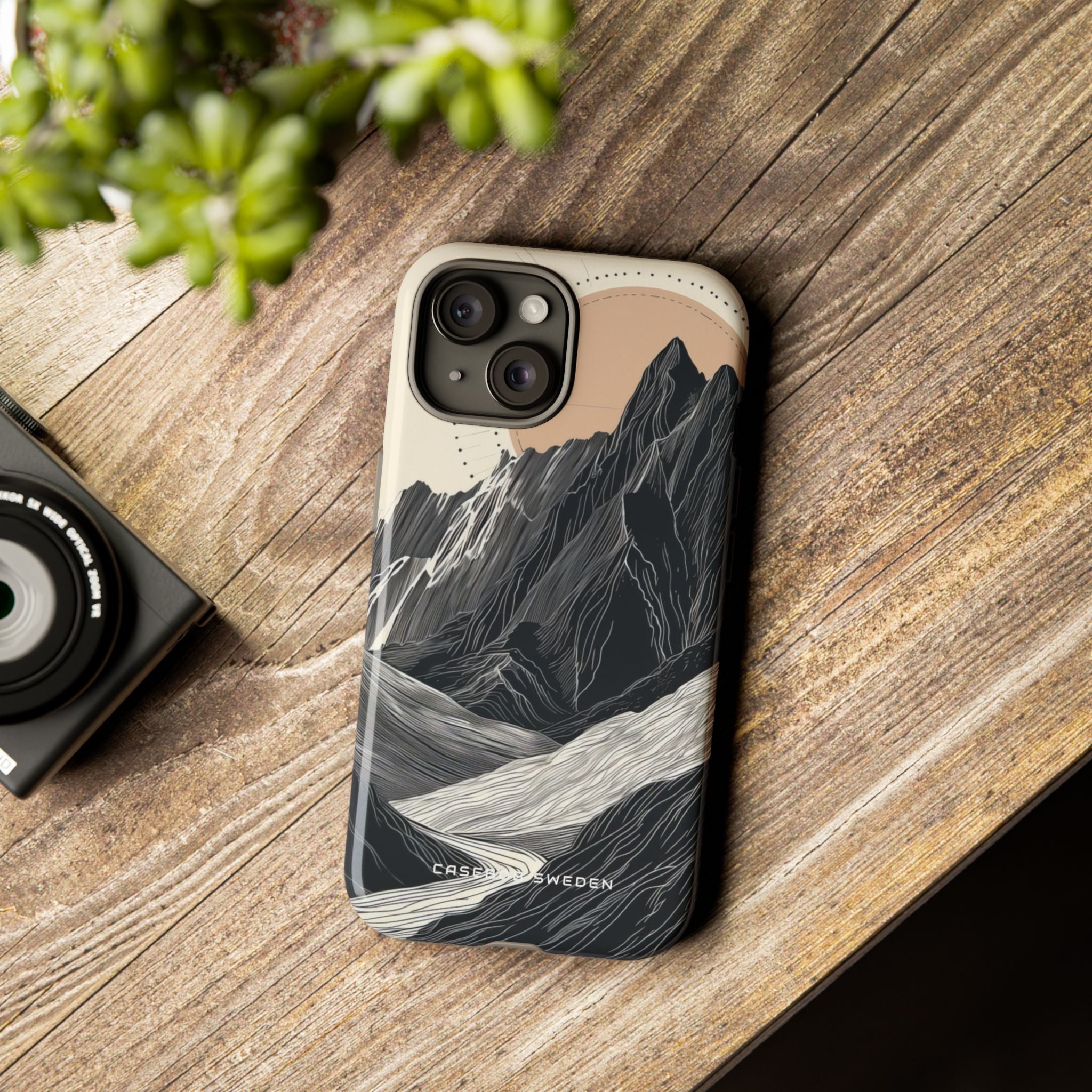 Minimalist Mountain Landscape with Flowing River iPhone 15 - Tough Phone Case