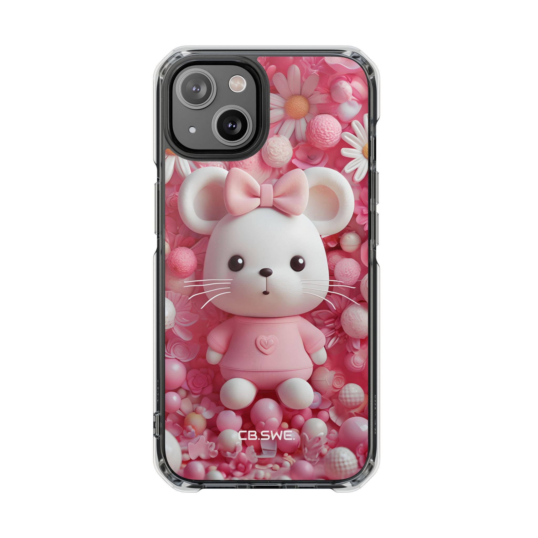 Adorable 3D Rendered White Mouse Plush Toy Floral iPhone 14 - Impact Clear+
