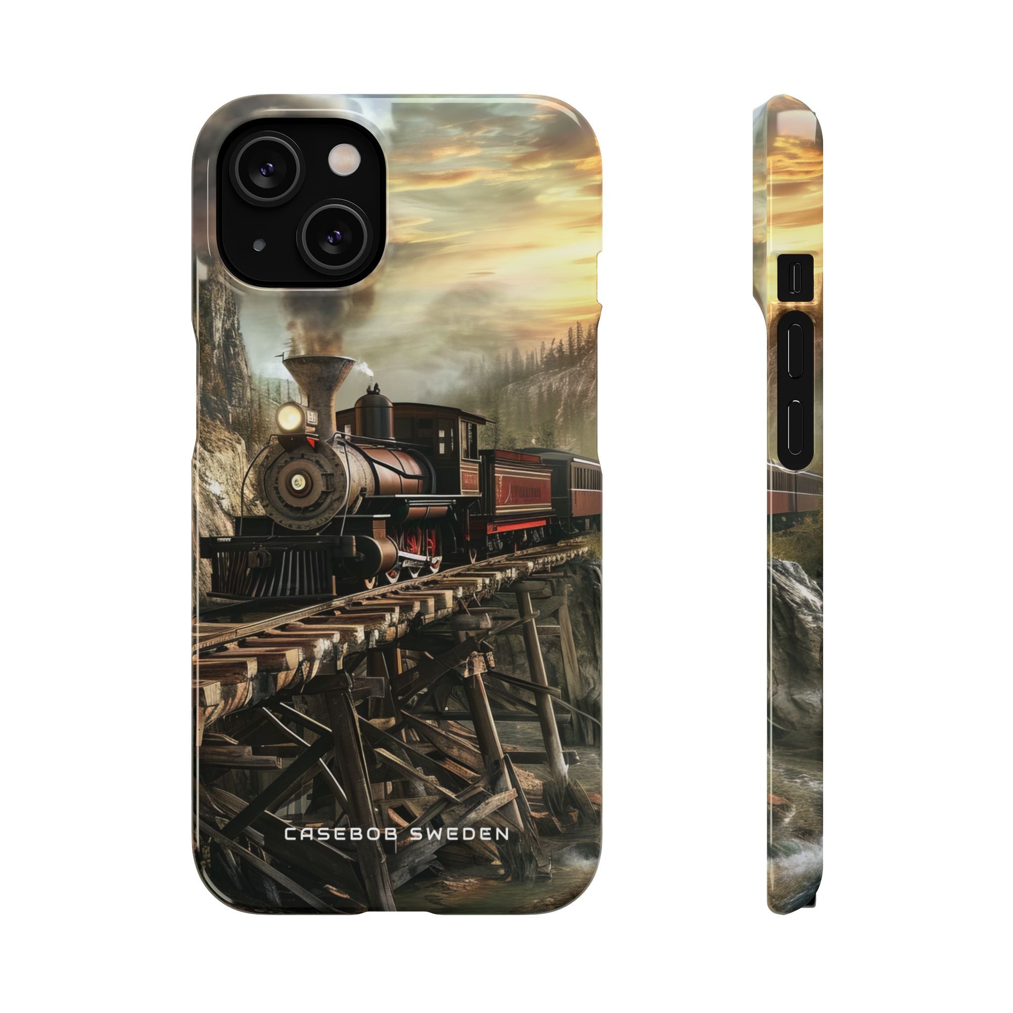 Vintage Steam Train Crossing Mountain Bridge iPhone 14 - Slim Phone Case