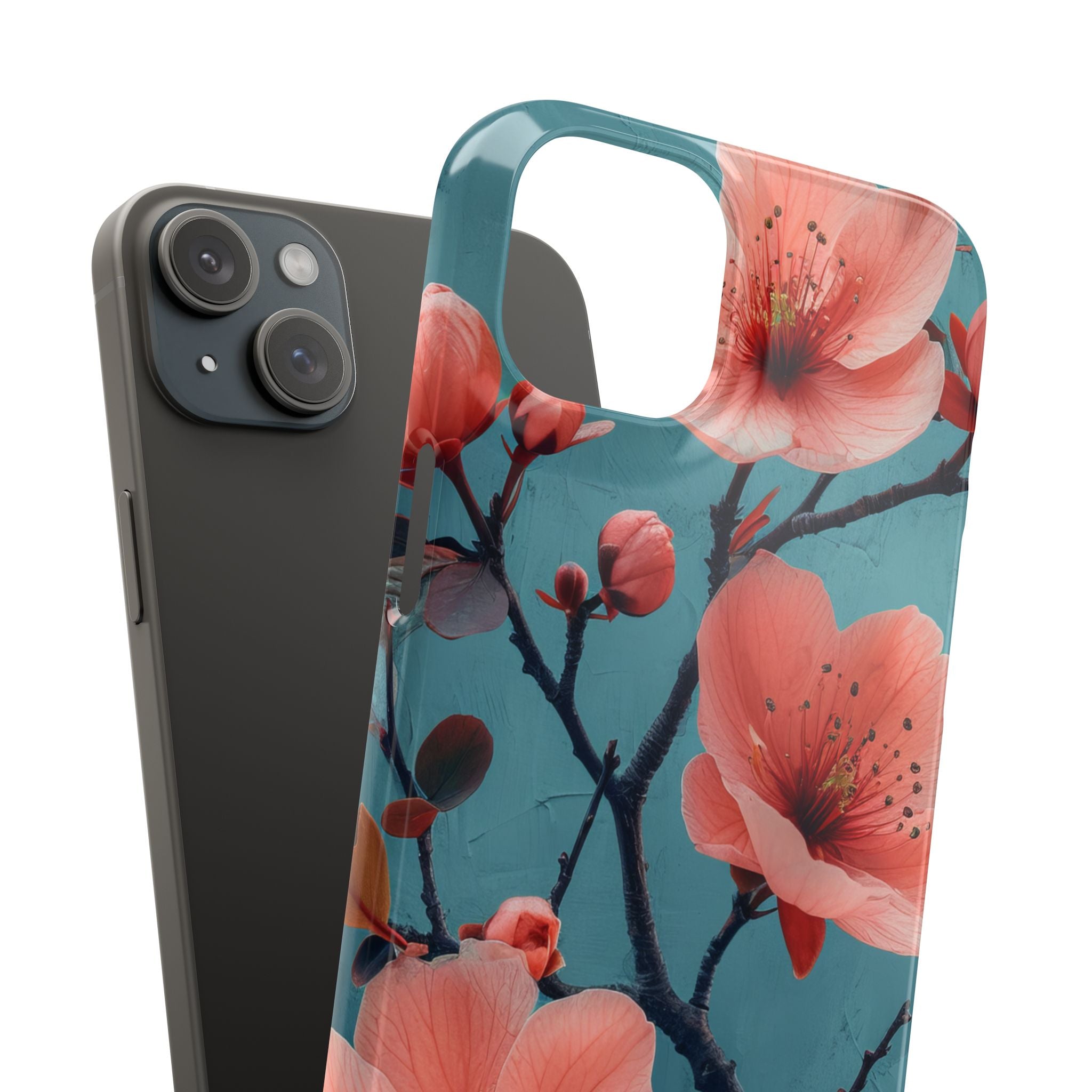 Teal Coral Blossom - Slim iPhone 15 Phone Case