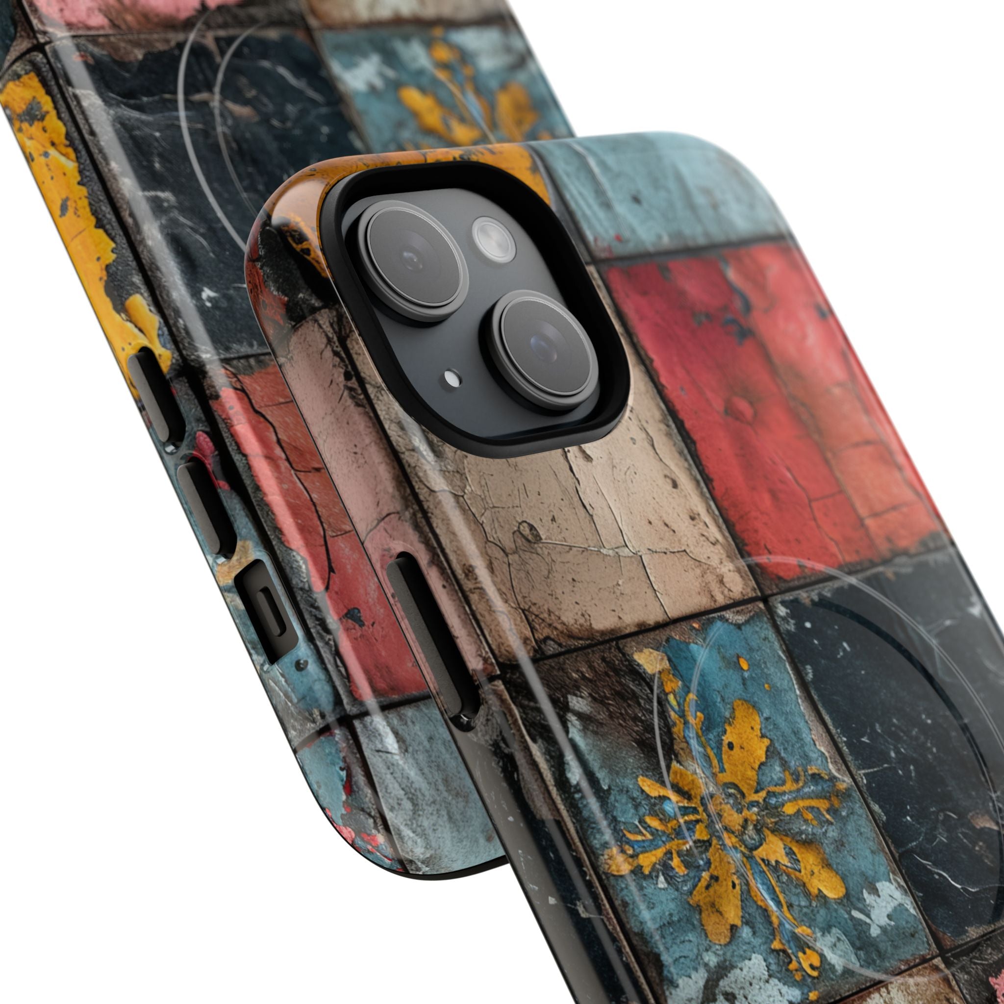 Rustic Red-Yellow Vintage Tiles - Tough + MagSafe® iPhone 15 Phone Case