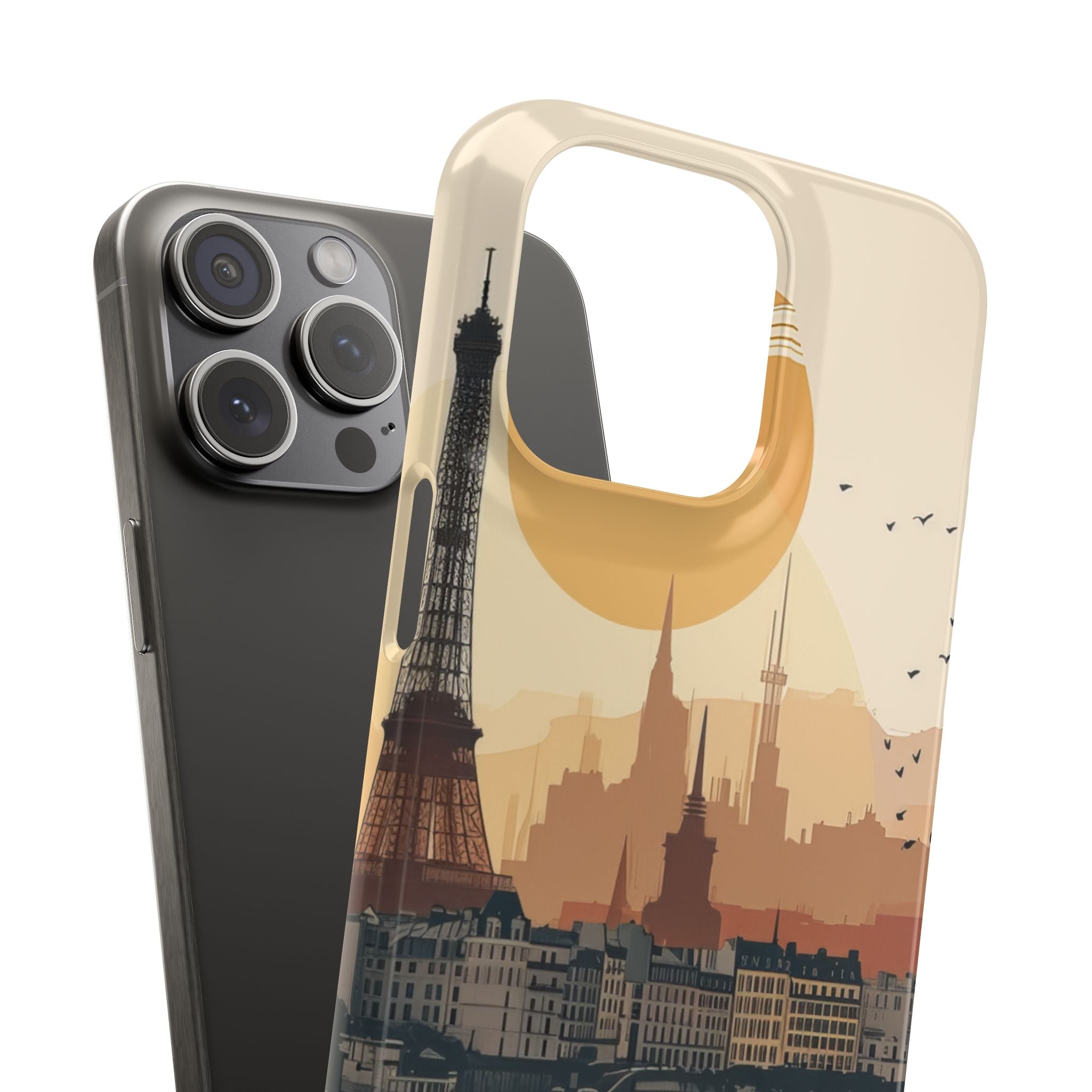 Eiffel Tower Silhouette with Birds and Sun Reflection iPhone 15 - Slim Phone Case