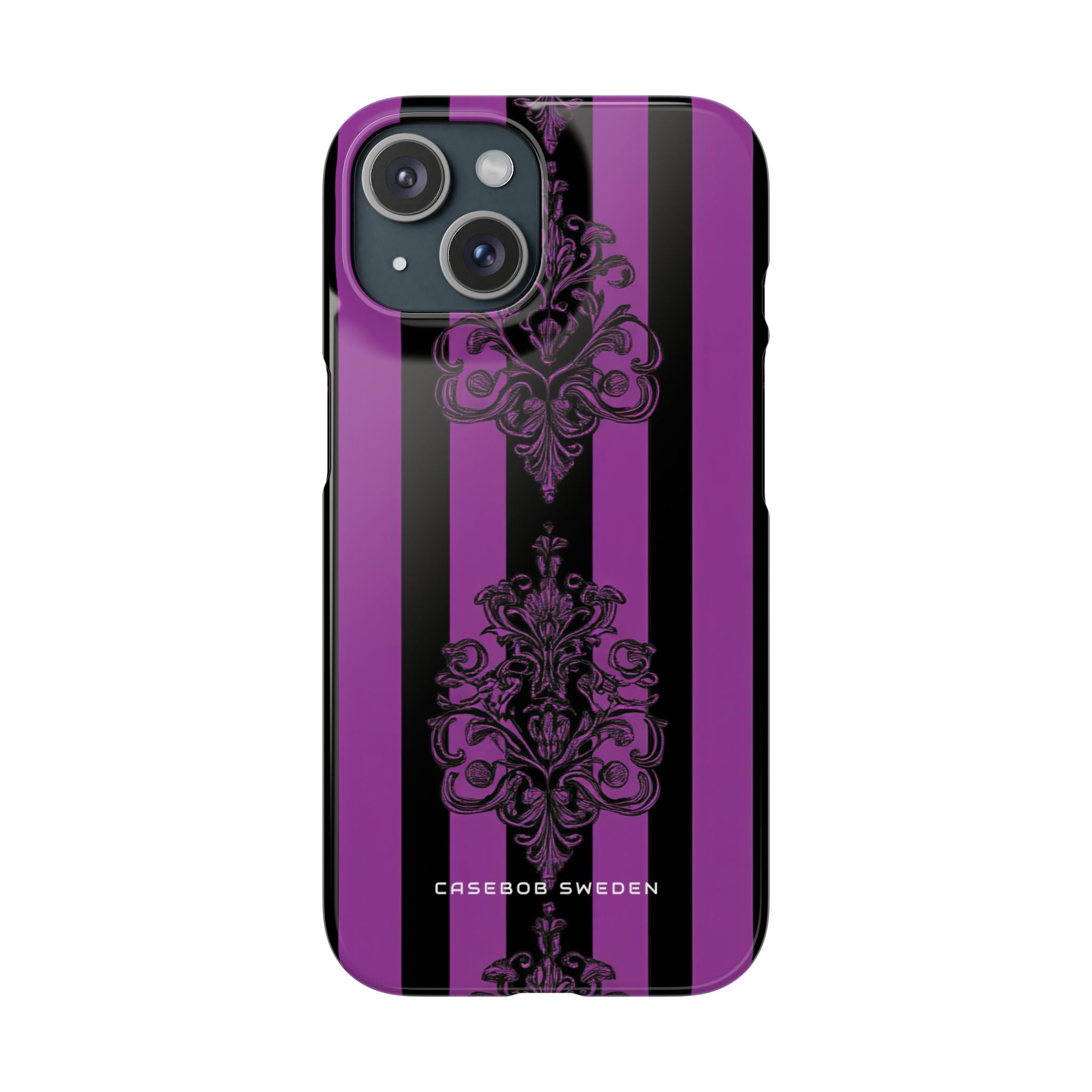 Gotische Eleganz mit vertikalen Streifen und Ornamentmotiven iPhone 15 - Schlanke Handyhülle