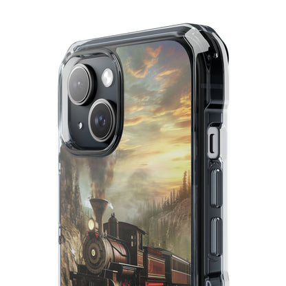 Vintage Steam Train Crossing Mountain Bridge iPhone 15 - Clear Impact Phone Case