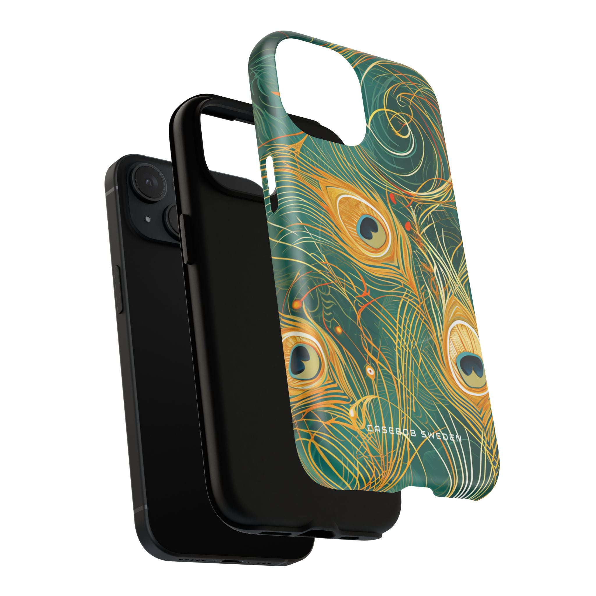 Peacock Elegance in Teal and Gold iPhone 15 | Tough+ Phone Case