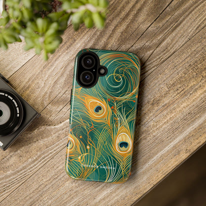 Peacock Elegance in Teal and Gold iPhone 16 - Tough Phone Case