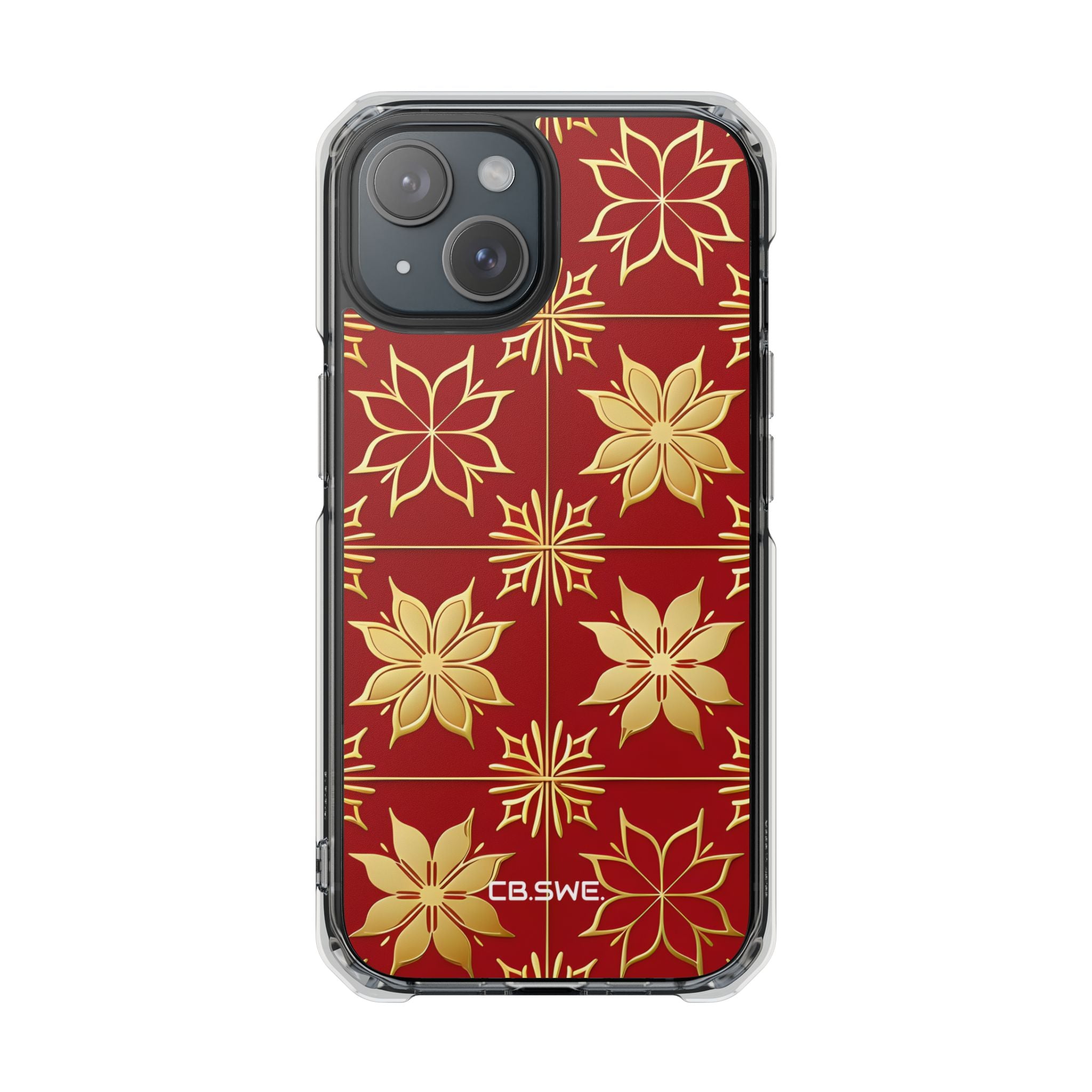 Elegantes Gold Floral Seamless Rich Red iPhone 15 - Impact Clear+