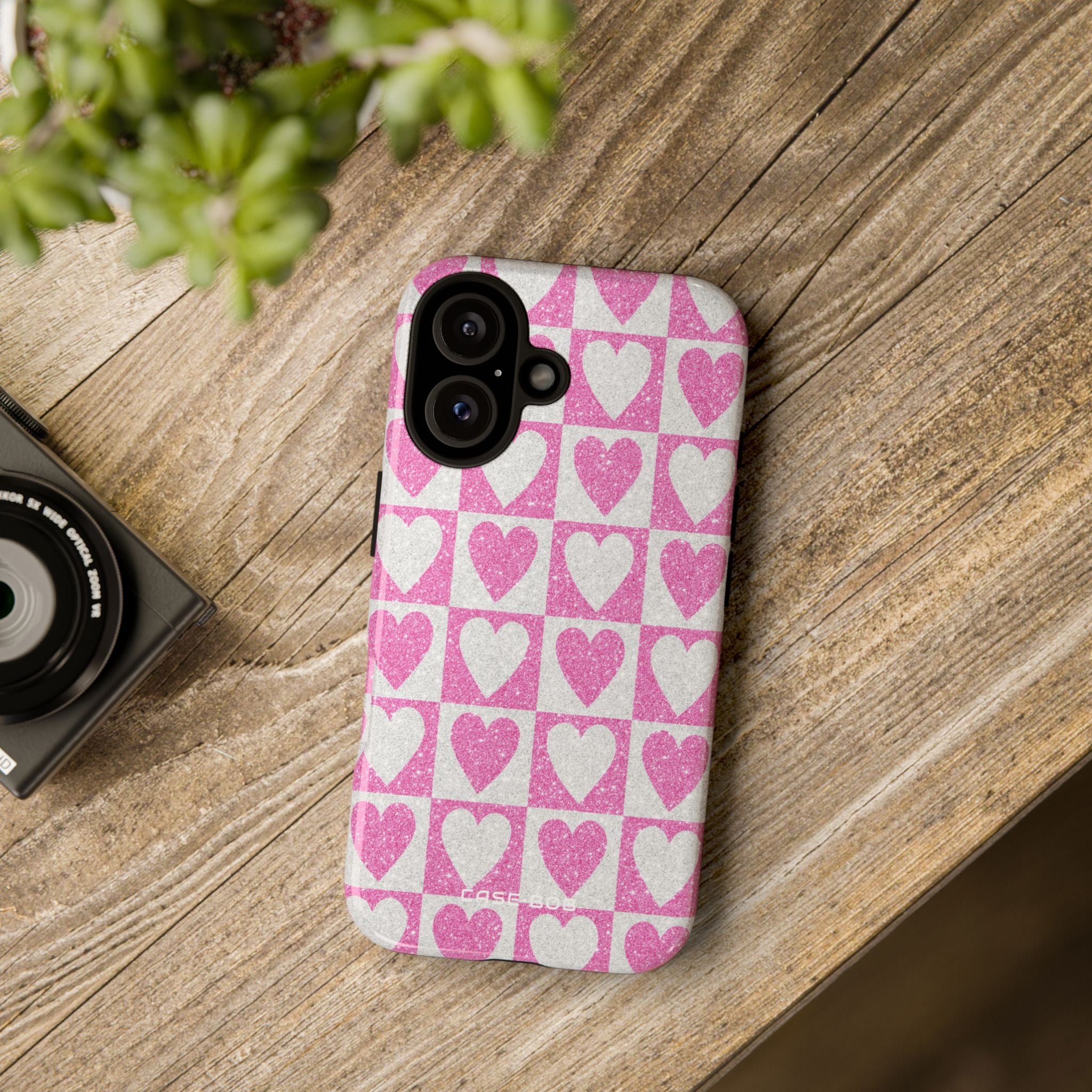 Glitter Heart Grid iPhone 16 Pro Case - Tough