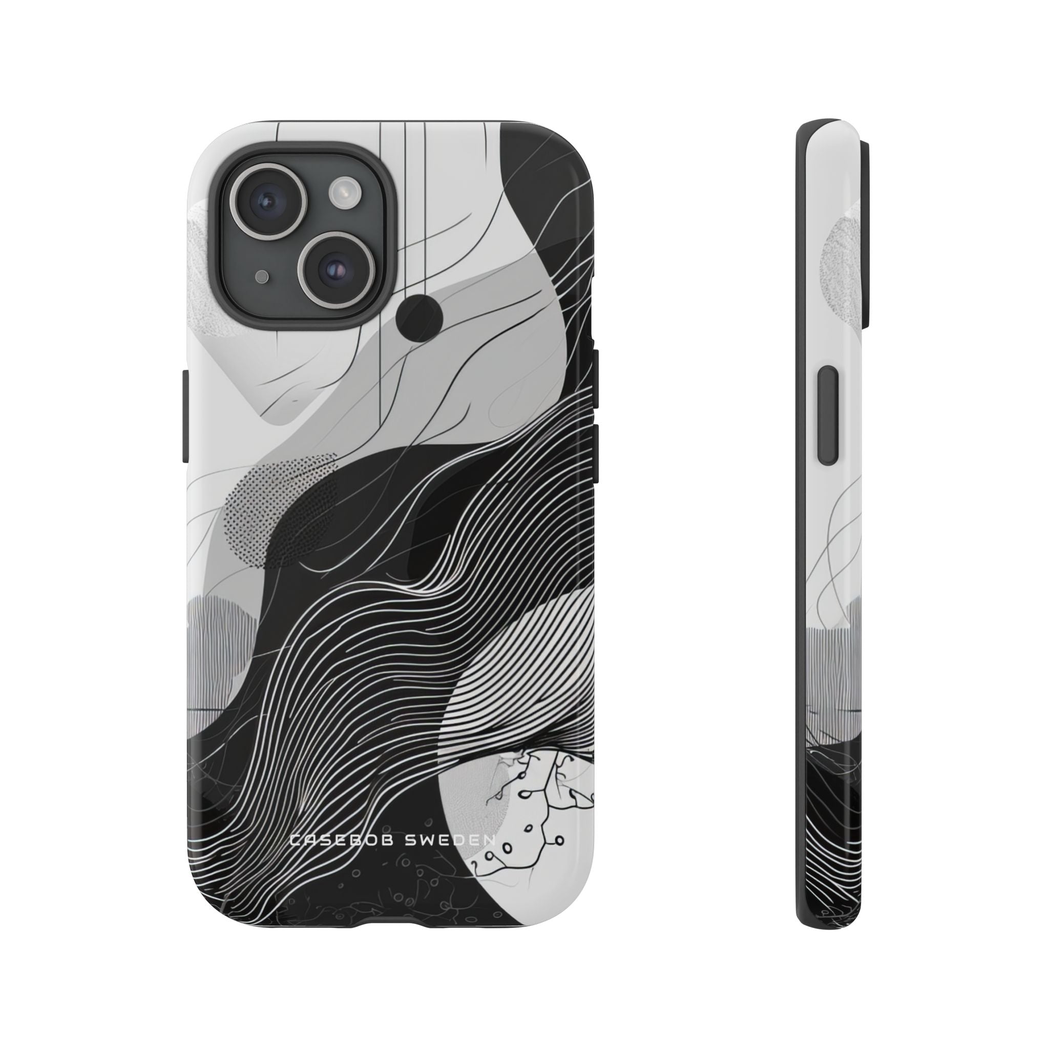 Fluid Rhythms: Monochrome Line Flow iPhone 15 - Tough Phone Case