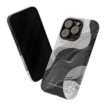 Fluid Rhythms: Monochrome Line Flow iPhone 15 - Tough Phone Case