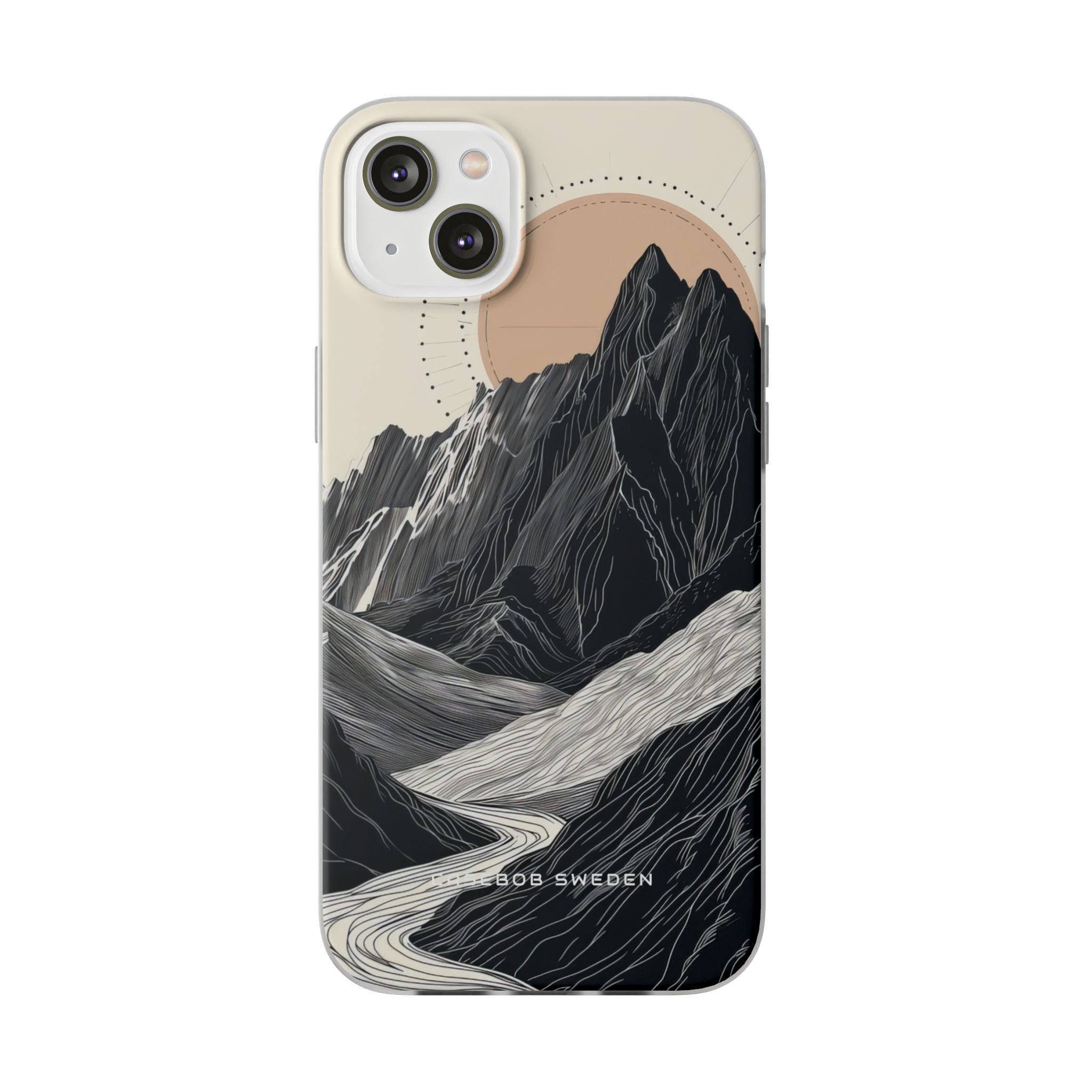 Minimalist Mountain Landscape with Flowing River iPhone 14 - Flexi Phone Case