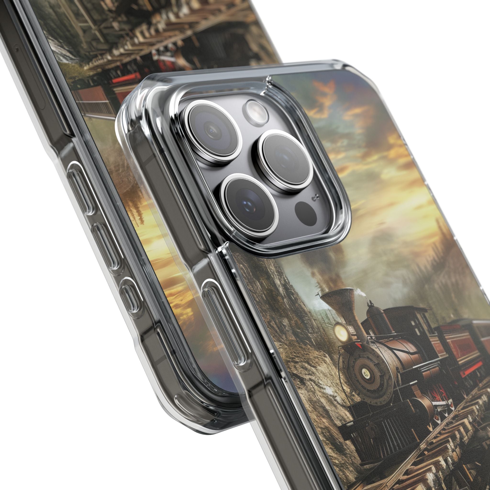 Vintage Steam Train Crossing Mountain Bridge iPhone 15 - Clear Impact Phone Case