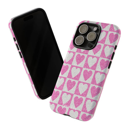Glitter Heart Grid iPhone 15 Pro Case - Tough