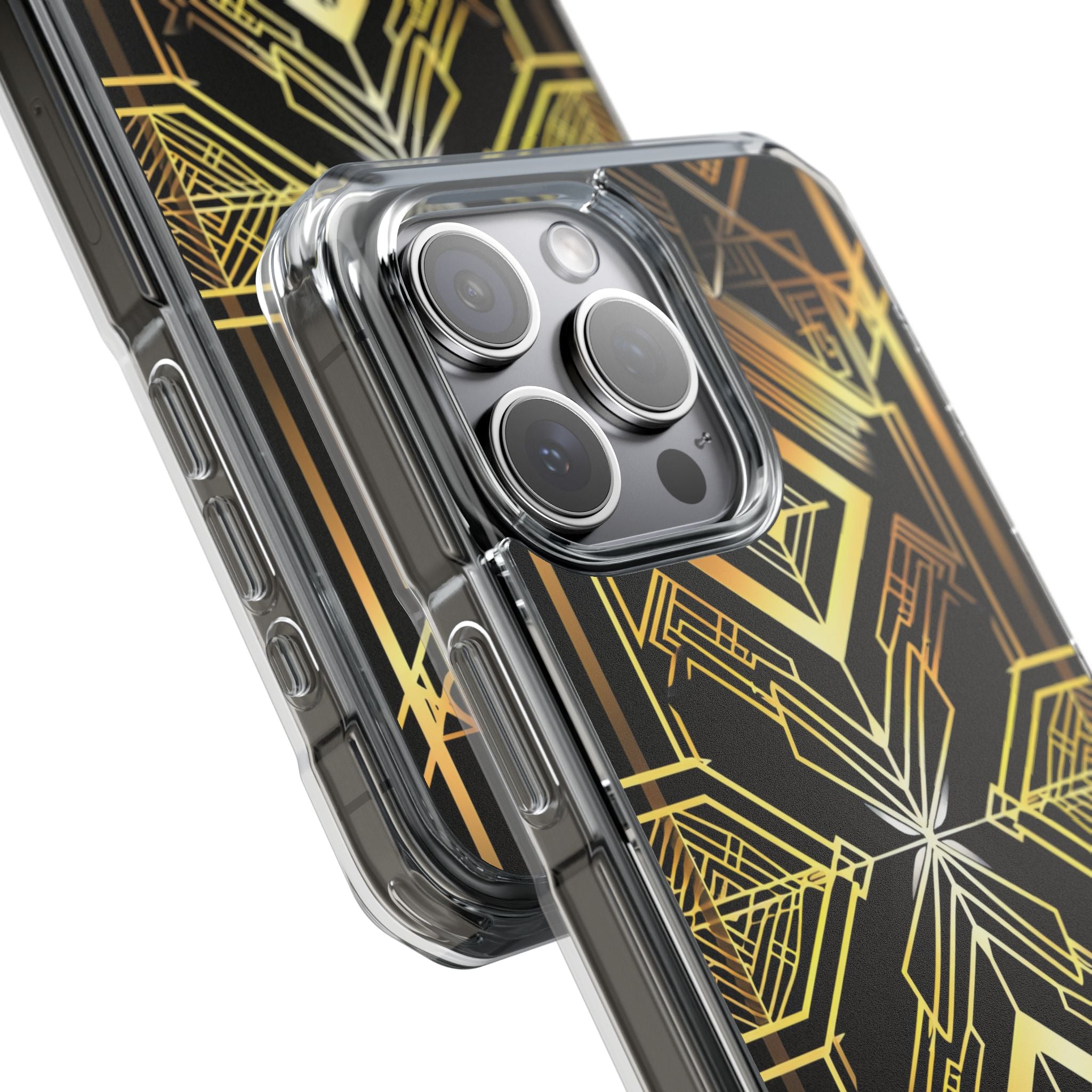 Golden Geometric Opulence iPhone 15 - Transparente, stoßfeste Handyhülle