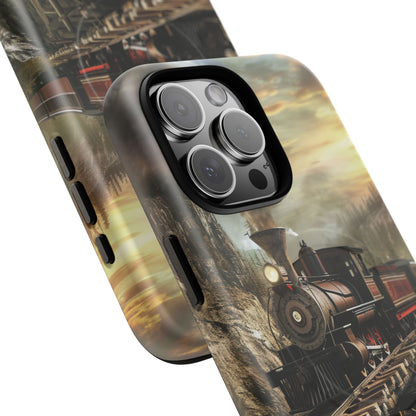 Vintage Steam Train Crossing Mountain Bridge iPhone 16 | Tough+ Phone Case