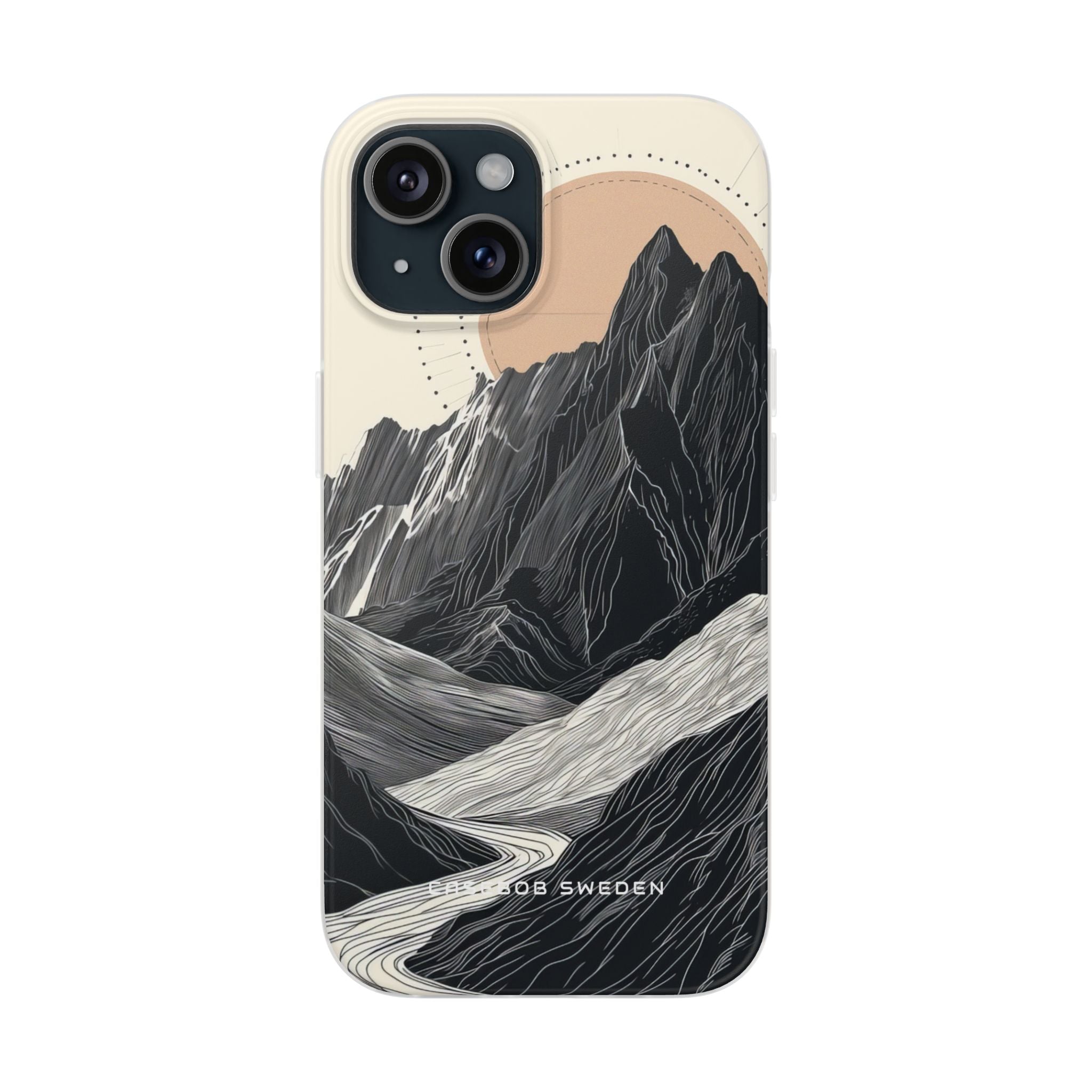 Minimalist Mountain Landscape with Flowing River iPhone 15 - Flexi Phone Case