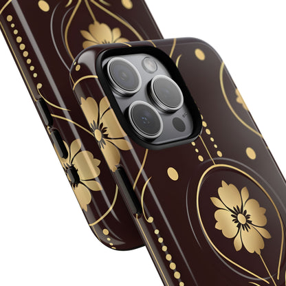 Elegant Gold Floral Symmetrical on Dark Brown iPhone 15 - Tough+