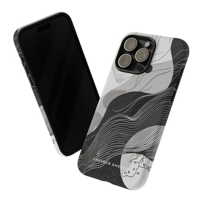 Fluid Rhythms: Monochrome Line Flow iPhone 15 - Tough Phone Case