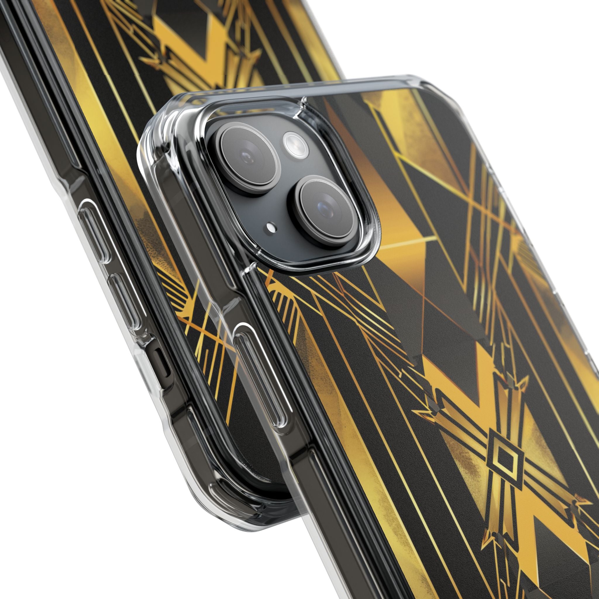 Golden Geometric Elegance iPhone 15 - Transparente, stoßfeste Handyhülle