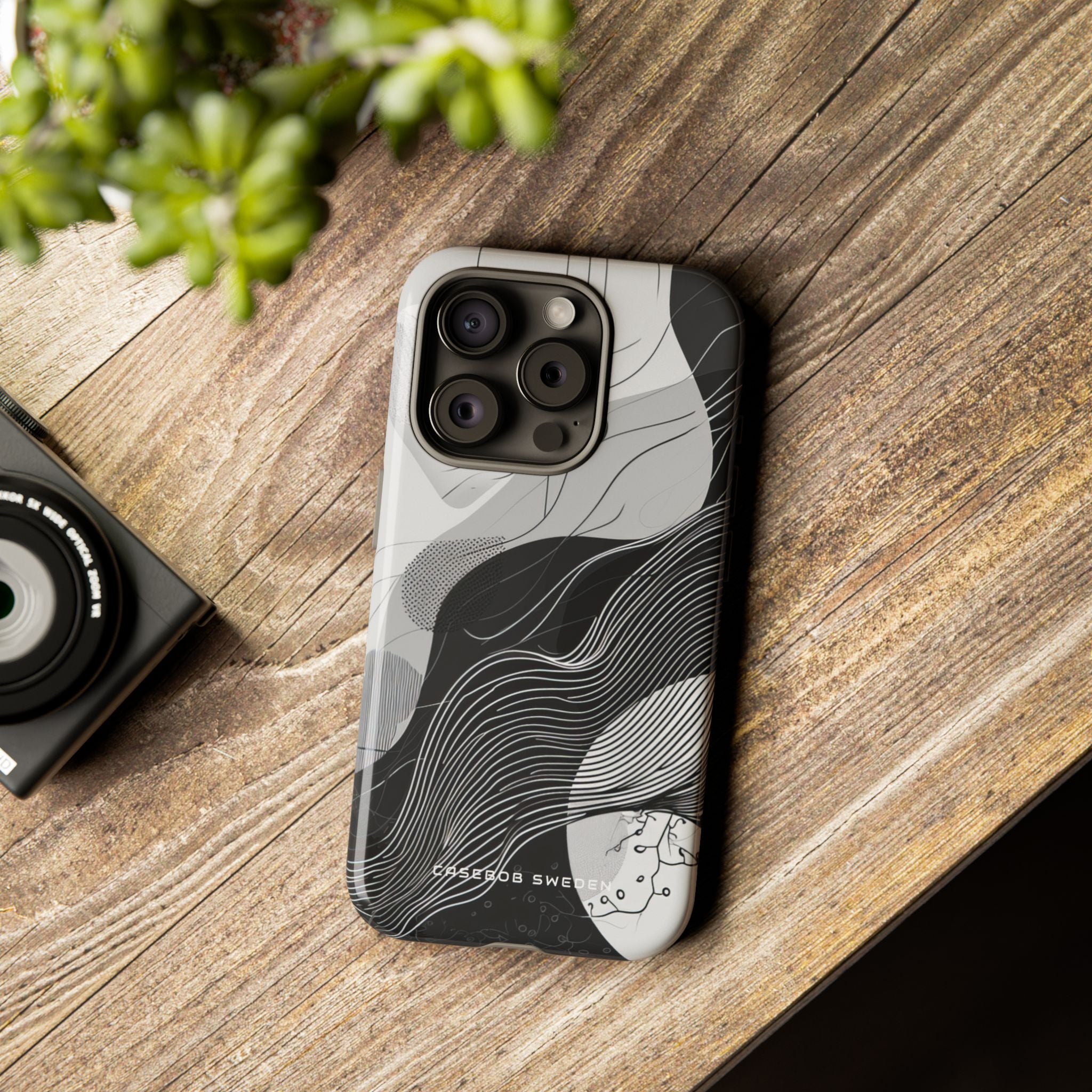 Fluid Rhythms: Monochrome Line Flow iPhone 15 - Tough Phone Case