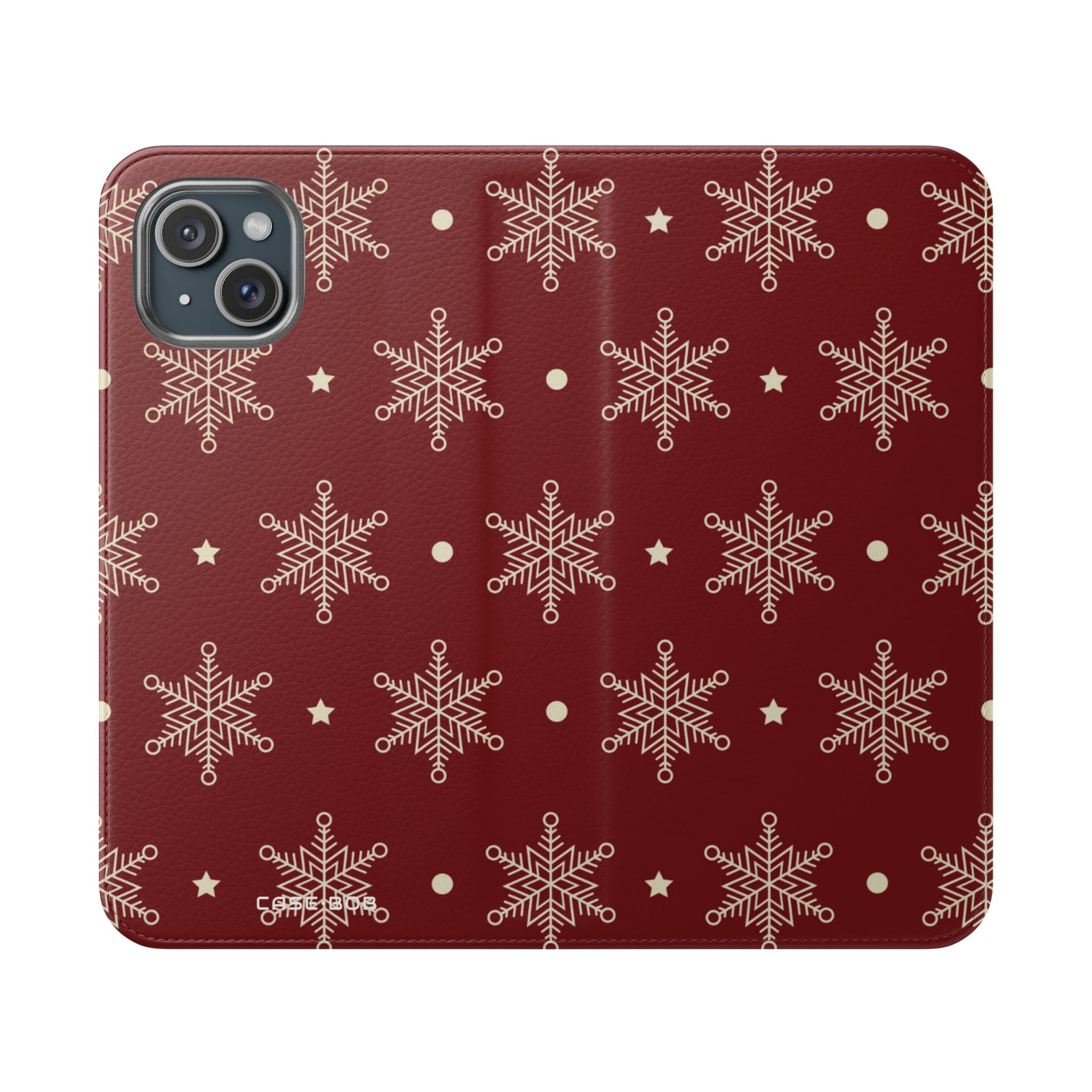 Cream Snowflakes Crimson - iPhone 15 Plus Case - Wallet