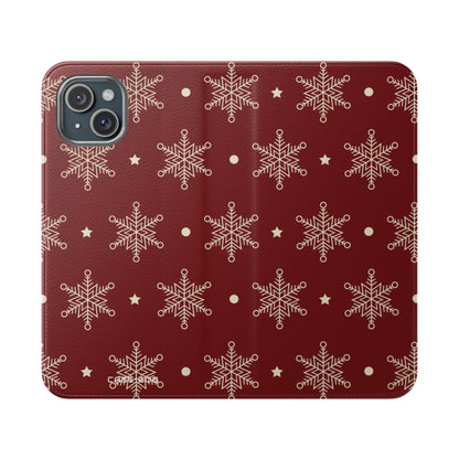 Cream Snowflakes Crimson - iPhone 15 Plus Case - Wallet