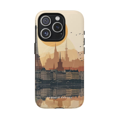 Eiffel Tower Silhouette with Birds and Sun Reflection iPhone 15 | Tough+ Phone Case