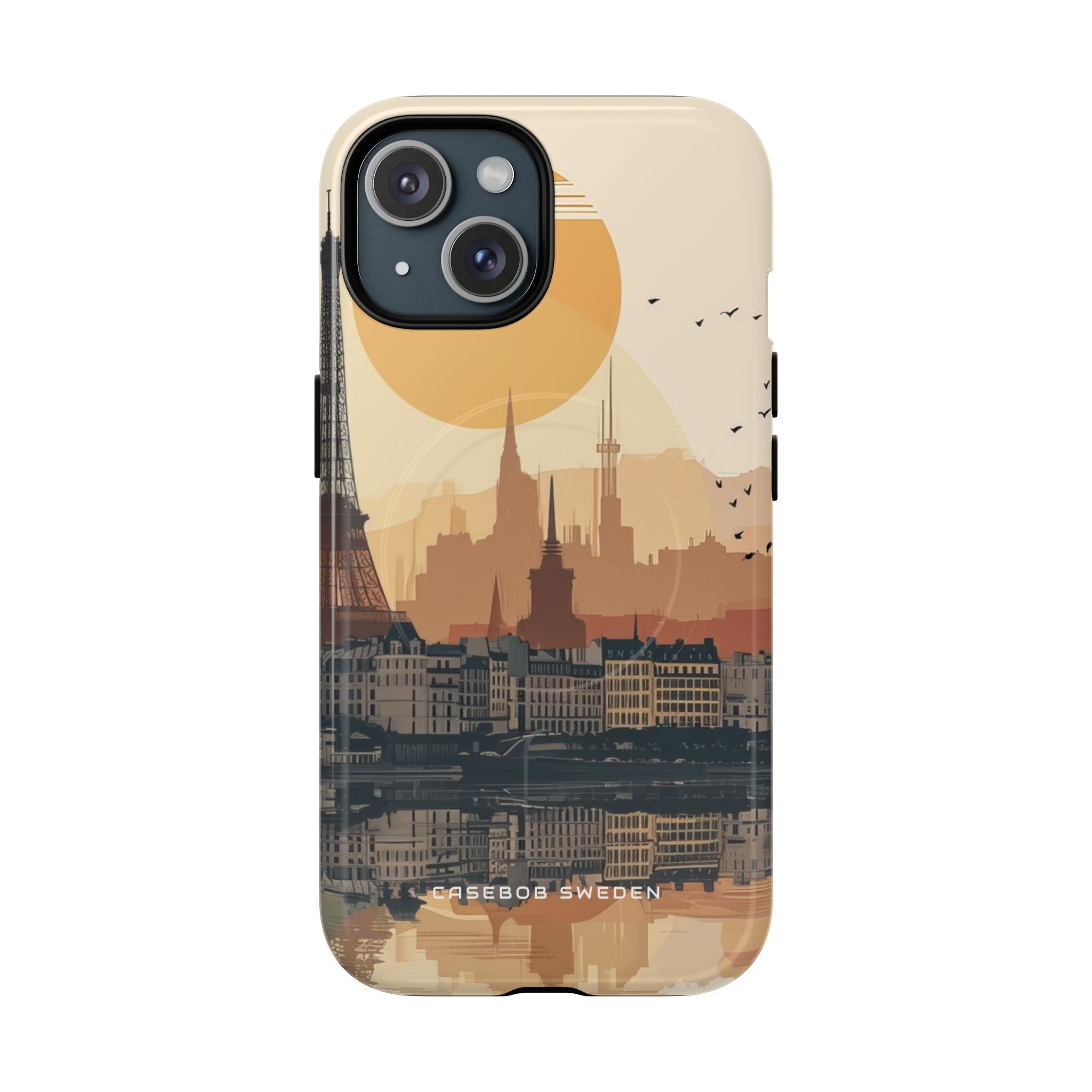 Eiffel Tower Silhouette with Birds and Sun Reflection iPhone 15 | Tough+ Phone Case