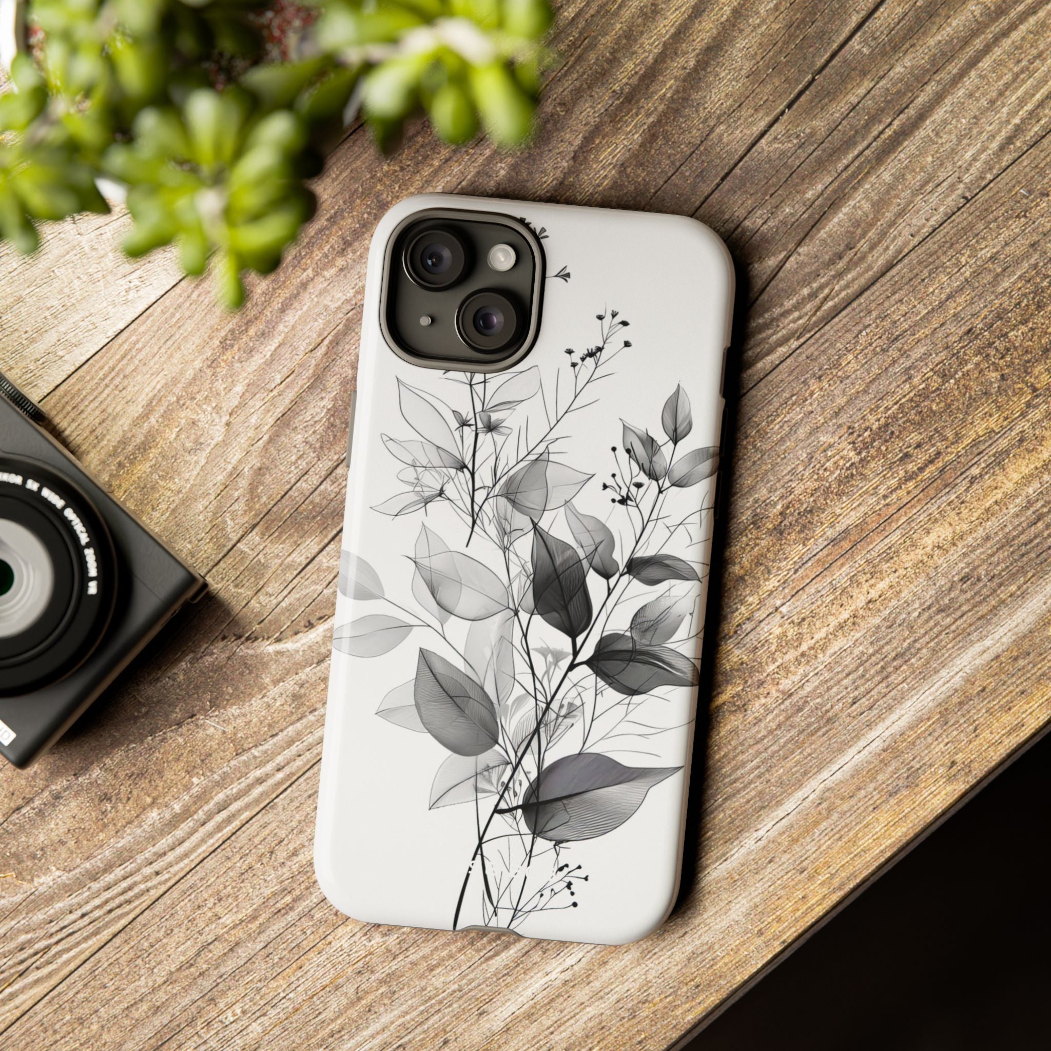 Veined Leaves Gray iPhone 15 Plus Case - Tough
