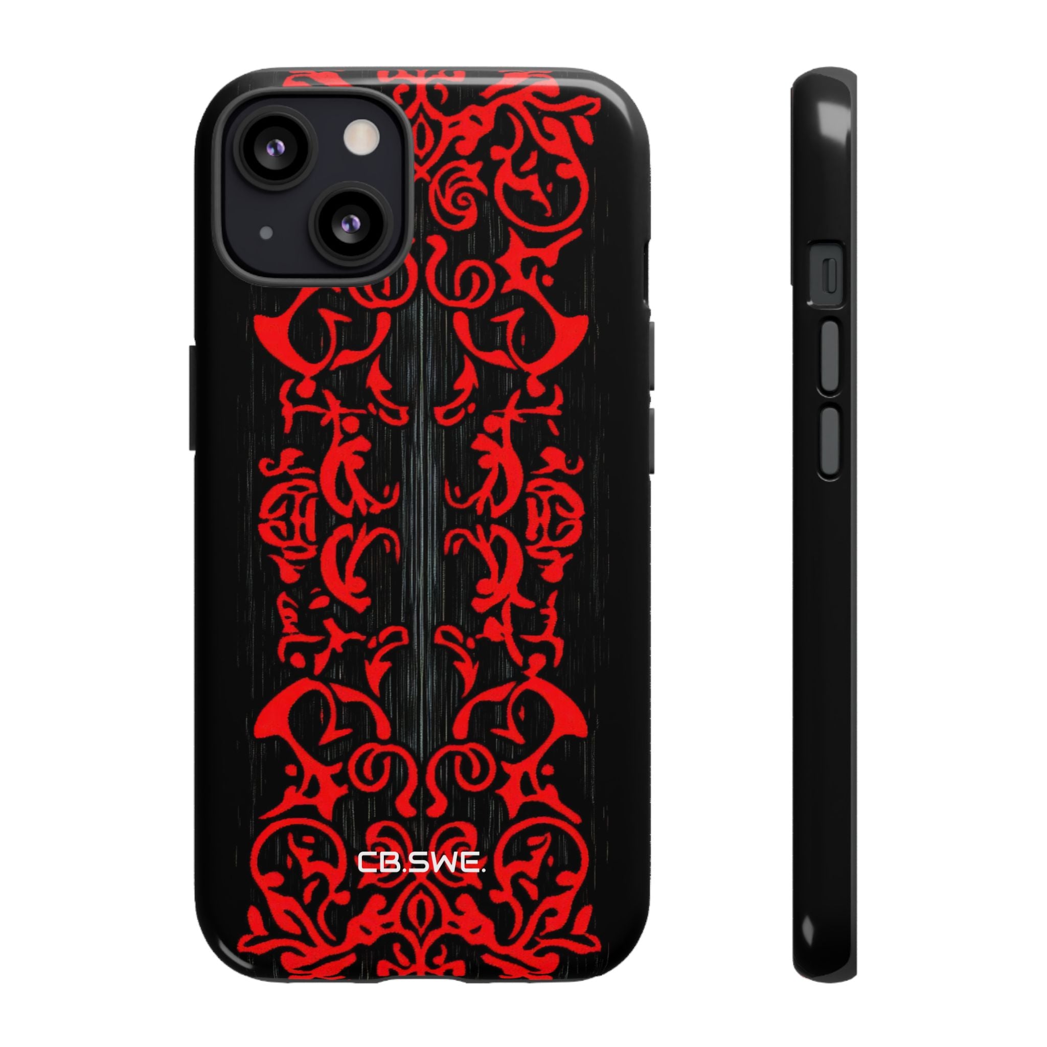 Red symmetrical tribal filigree line iPhone 13 - Tough