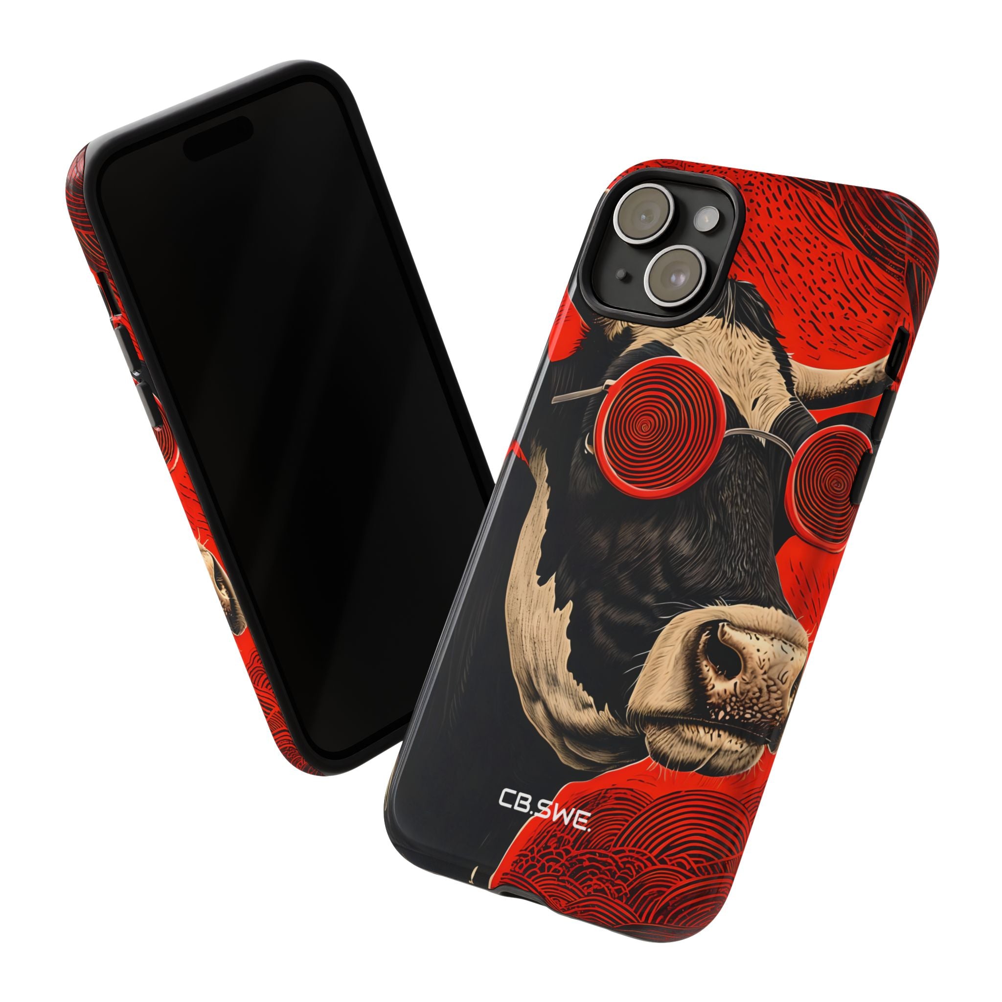 Surreal Black White Cow Red Spiral Sunglasses iPhone 15 - Tough