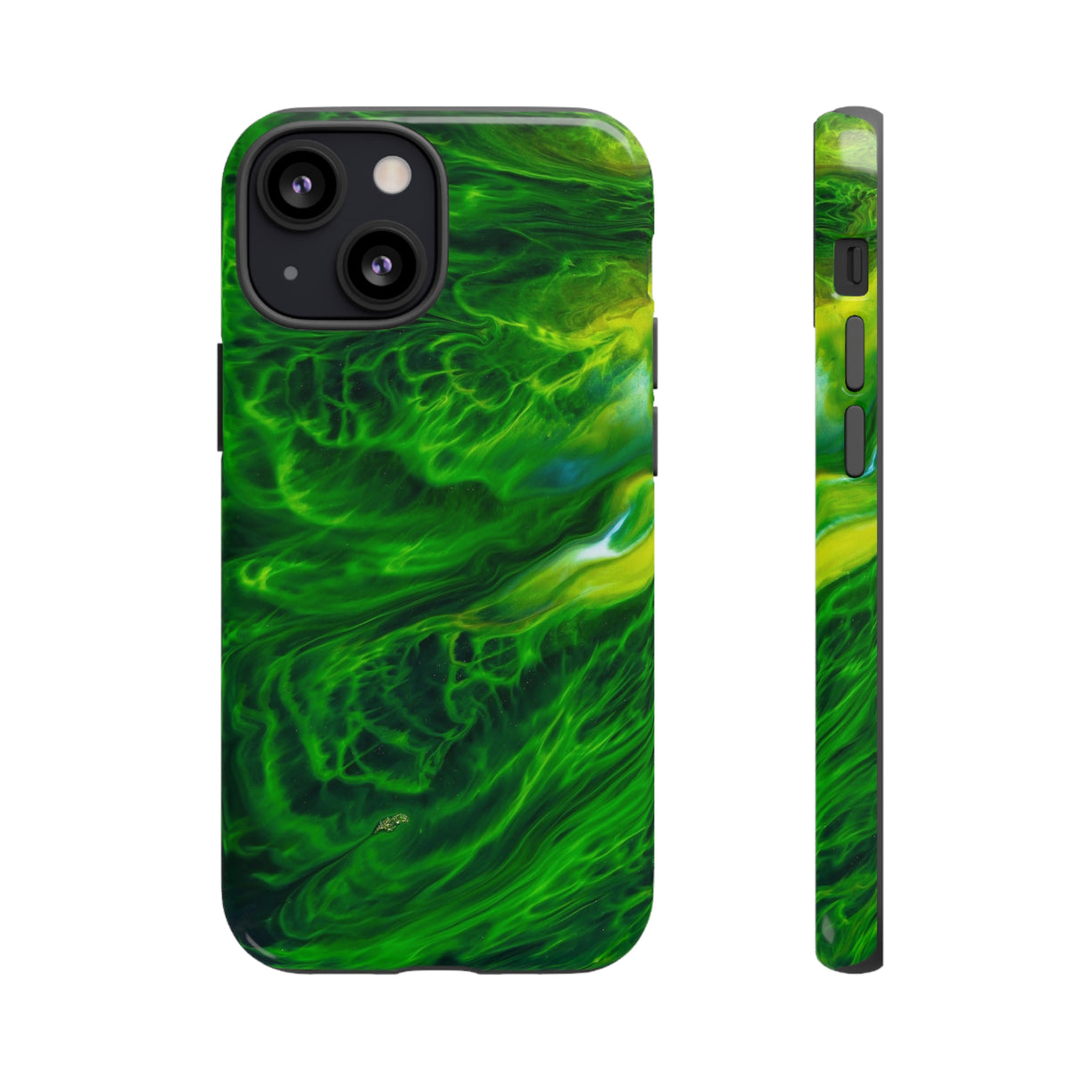 Neon Green Wave Ink Art iPhone Case (Protective) iPhone 13 Mini Glossy Phone Case