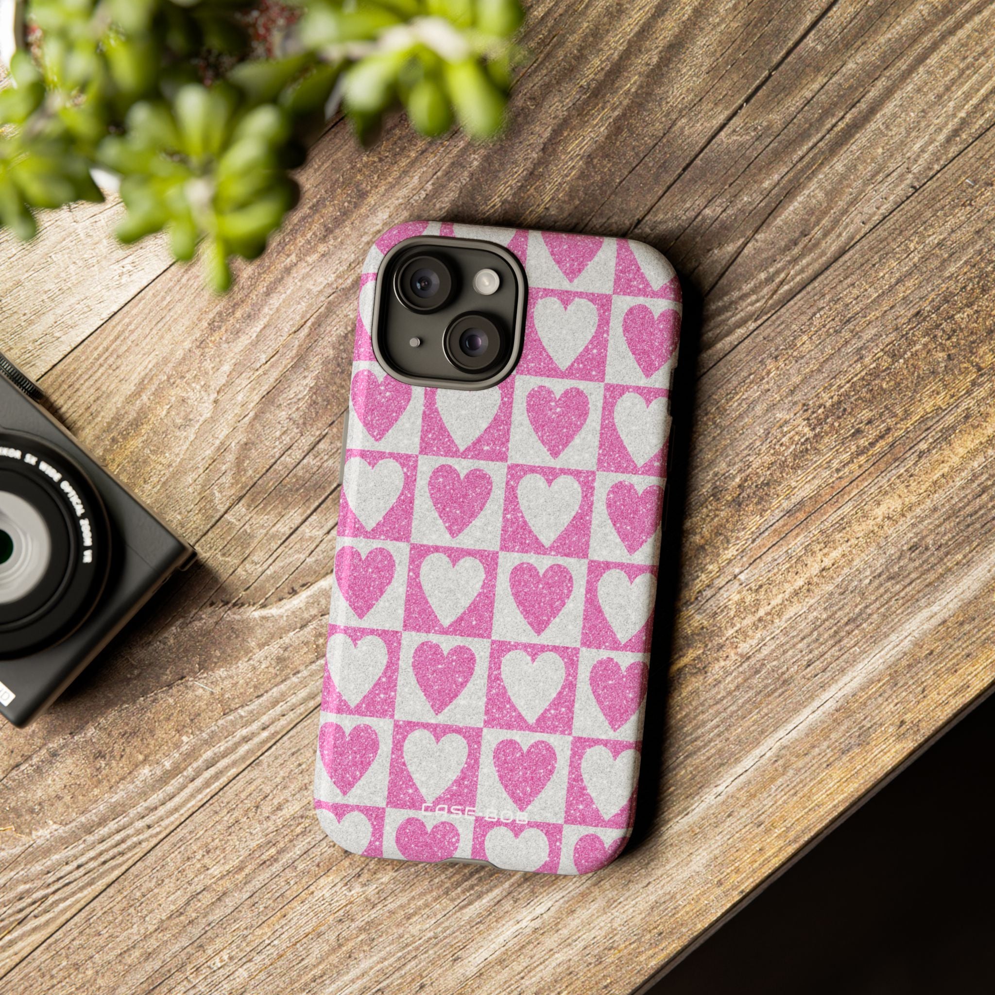 Glitter Heart Grid iPhone 15 Case - Tough