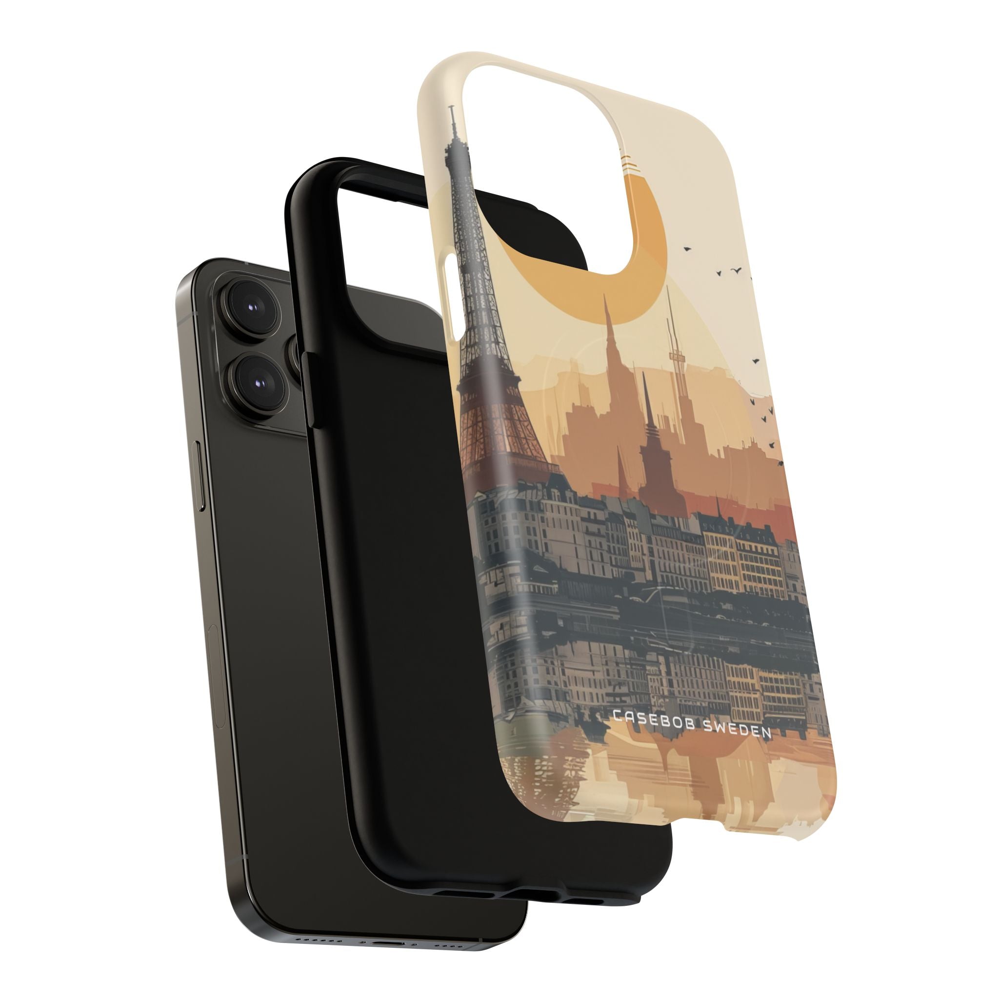 Eiffel Tower Silhouette with Birds and Sun Reflection iPhone 14 | Tough+ Phone Case