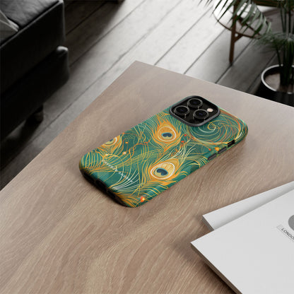 Peacock Elegance in Teal and Gold iPhone 14 - Tough Phone Case