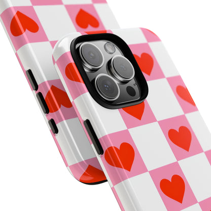 Charming Pink White Checkerboard Heart Shapes iPhone 16 - Tough
